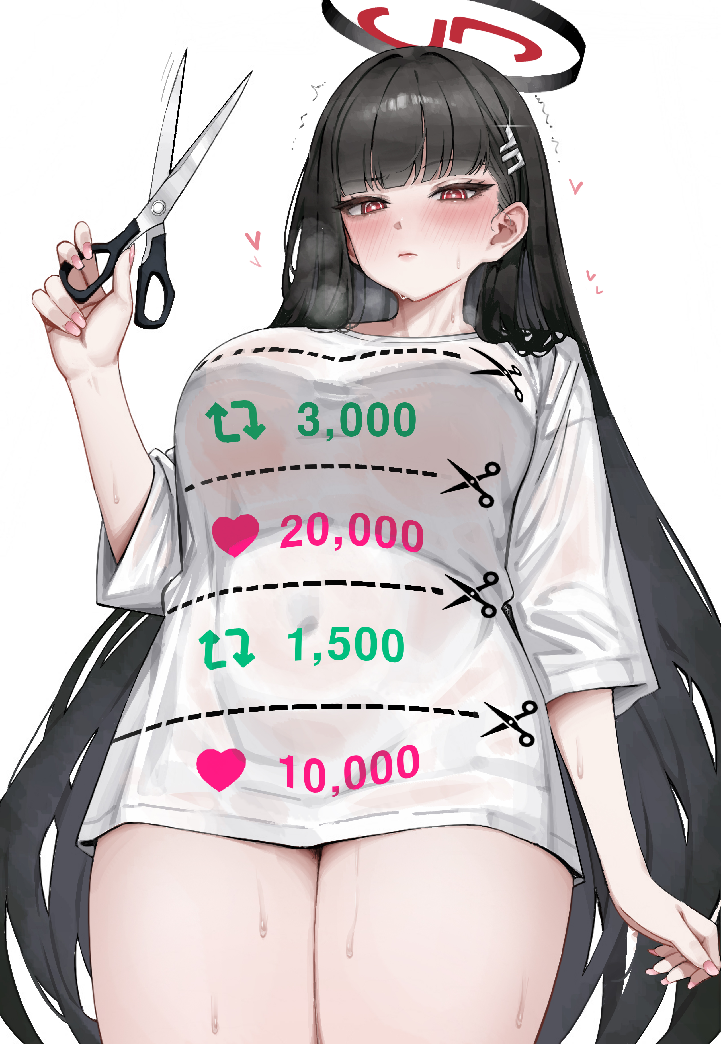 whyd5424, rio (blue archive), blue archive, absurdres, commentary request, highres, partial commentary, 1girl, alternate costume, black hair, blunt bangs, blush, breasts, bright pupils, covered navel, fingernails, halo, heart, holding, holding scissors, large breasts, long hair, looking at viewer, no pants, red eyes, scissors, shirt, simple background, solo, steaming body, sweat, thighs, twitter strip game, very long hair, wet, wet clothes, wet shirt, white background, white pupils, white shirt