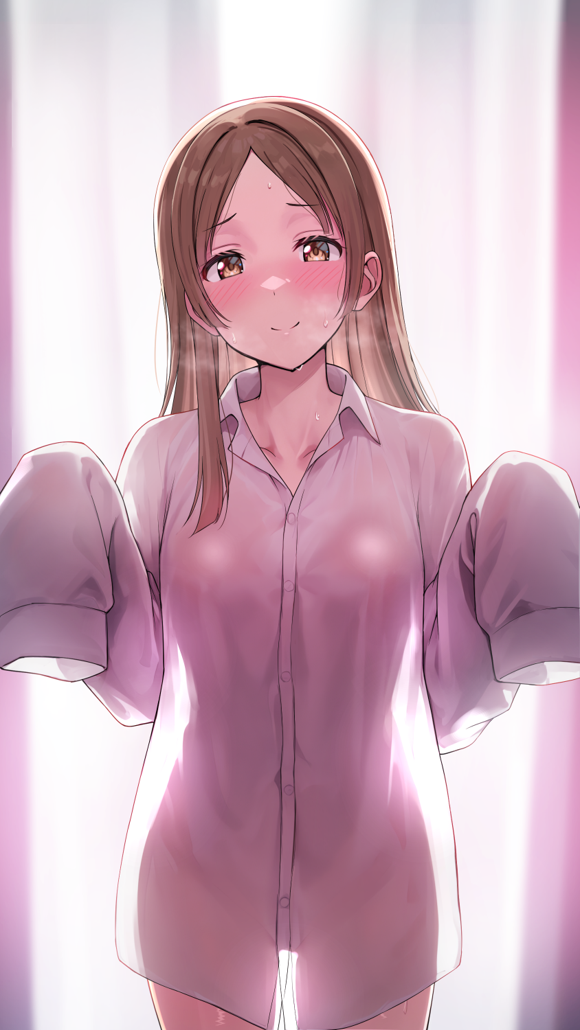 shiitake taishi, kuramoto china, gakuen idolmaster, idolmaster, commentary request, highres, 1girl, blush, breasts, brown eyes, brown hair, cleavage, closed mouth, collared shirt, large breasts, long hair, long sleeves, looking at viewer, naked shirt, oversized clothes, oversized shirt, parted bangs, shirt, sleeves past fingers, sleeves past wrists, smile, solo, standing, sweat, thighs, white shirt