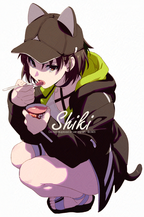 echo (circa), ryougi shiki, fate/grand order, fate (series), 1girl, ahoge, animal ears, baseball cap, bikini, black bikini, black hat, black jacket, breasts, brown hair, cat ears, cat tail, character name, choker, eating, food, full body, grey eyes, hat, ice cream, jacket, long sleeves, looking at viewer, medium breasts, open mouth, parted bangs, ryougi shiki (swimsuit mooncancer) (first ascension), sandals, shirt, short hair, solo, squatting, swimsuit, tail, white shirt