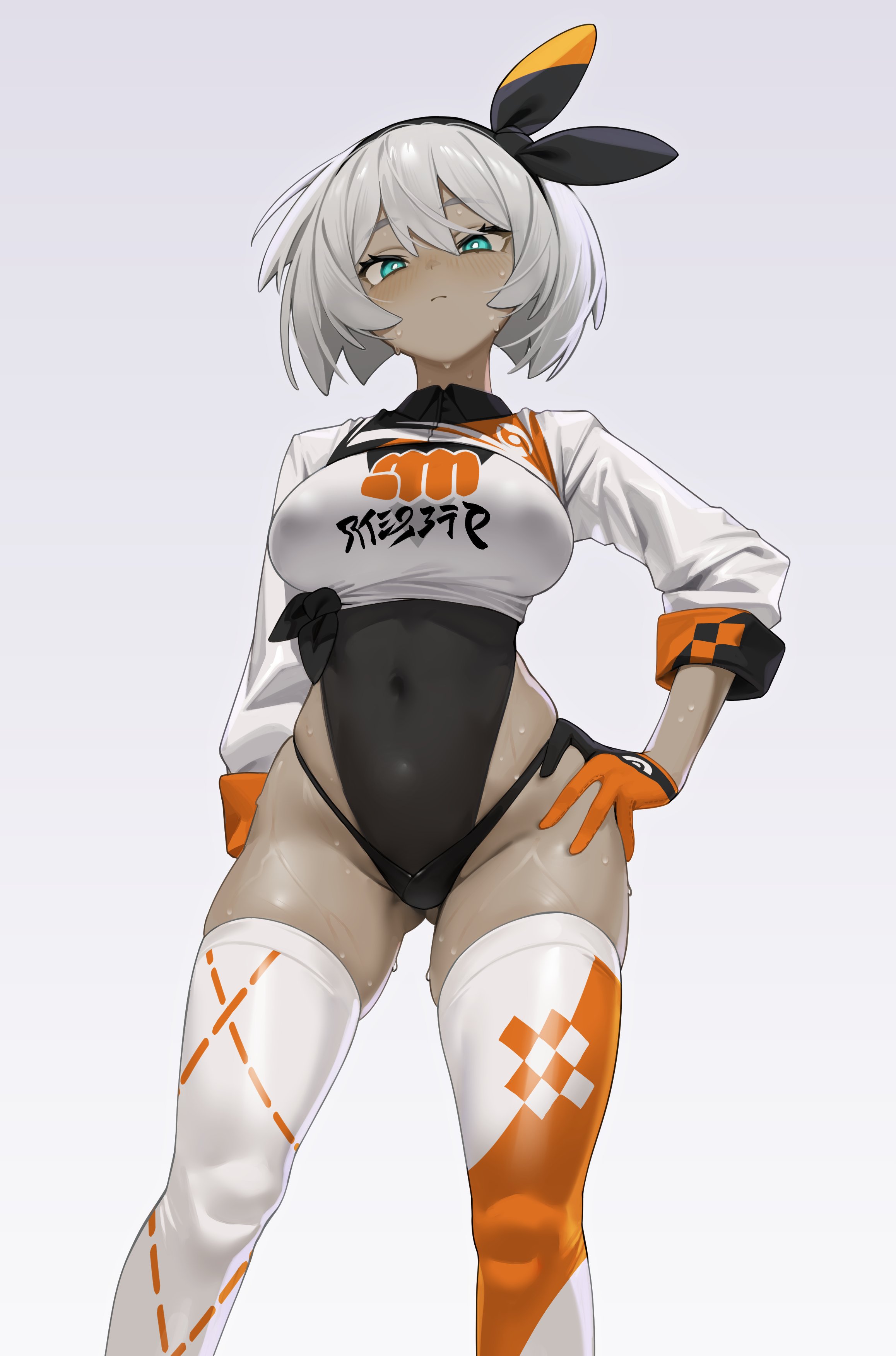 komadera, bea (pokemon), nintendo, pokemon, pokemon swsh, absurdres, highres, 1girl, black hairband, black leotard, blue eyes, bow hairband, breasts, bright pupils, covered navel, dark-skinned female, dark skin, double-parted bangs, feet out of frame, from below, gloves, gluteal fold, grey background, grey hair, hair between eyes, hairband, hand on own hip, highleg, highleg leotard, large breasts, leotard, light blush, long sleeves, looking at viewer, looking down, orange gloves, shirt, short hair, shrug (clothing), simple background, skindentation, solo, standing, sweat, thighhighs, tied shirt, very sweaty, white pupils, white shirt