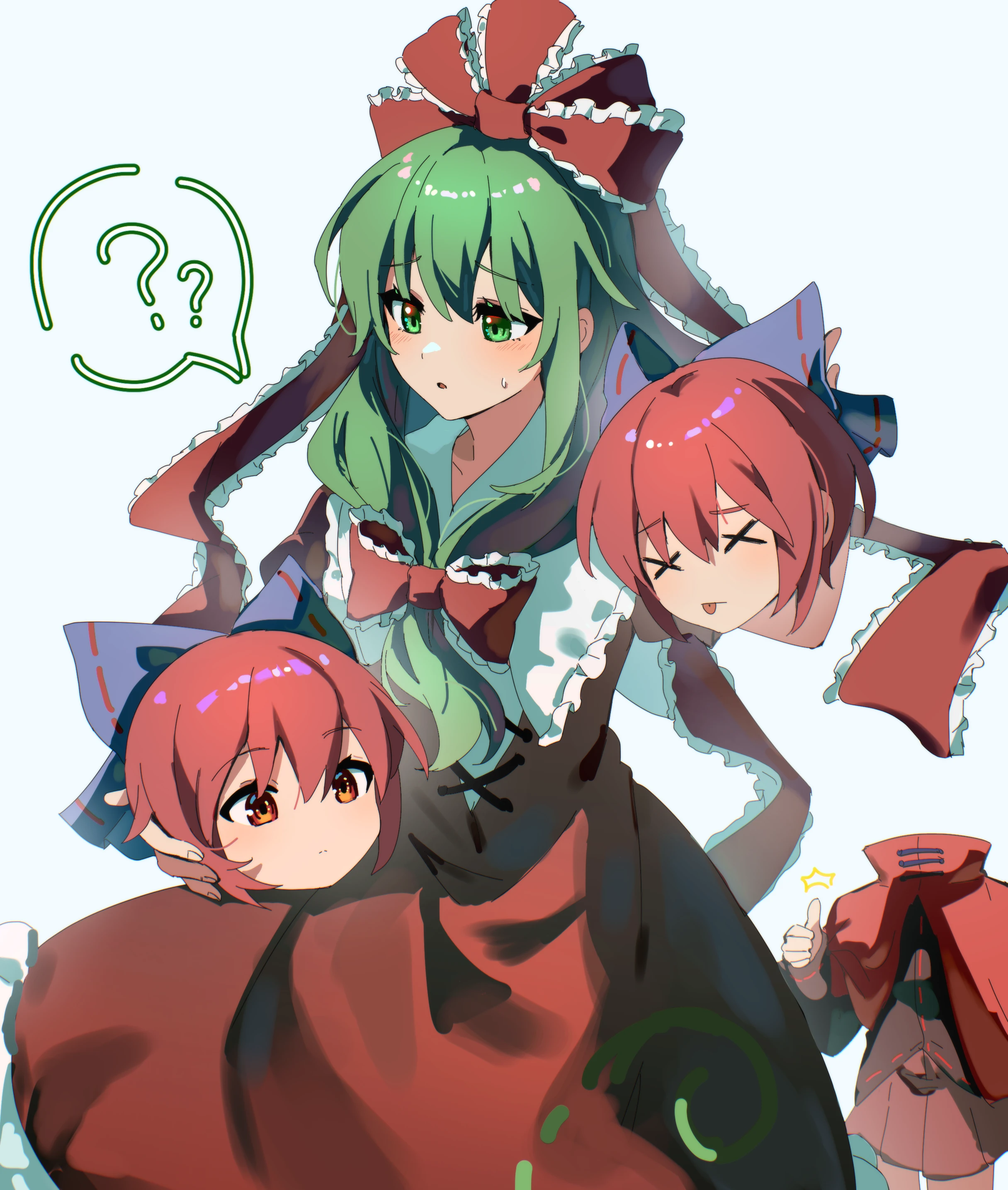 maisuiren, kagiyama hina, sekibanki, touhou, absurdres, highres, 2girls, ?, cape, collared dress, dress, frilled dress, frills, front ponytail, green eyes, green hair, multiple girls, multiple heads, red cape, red dress, red hair, red ribbon, ribbon, thumbs up, tongue, tongue out, white background, x x