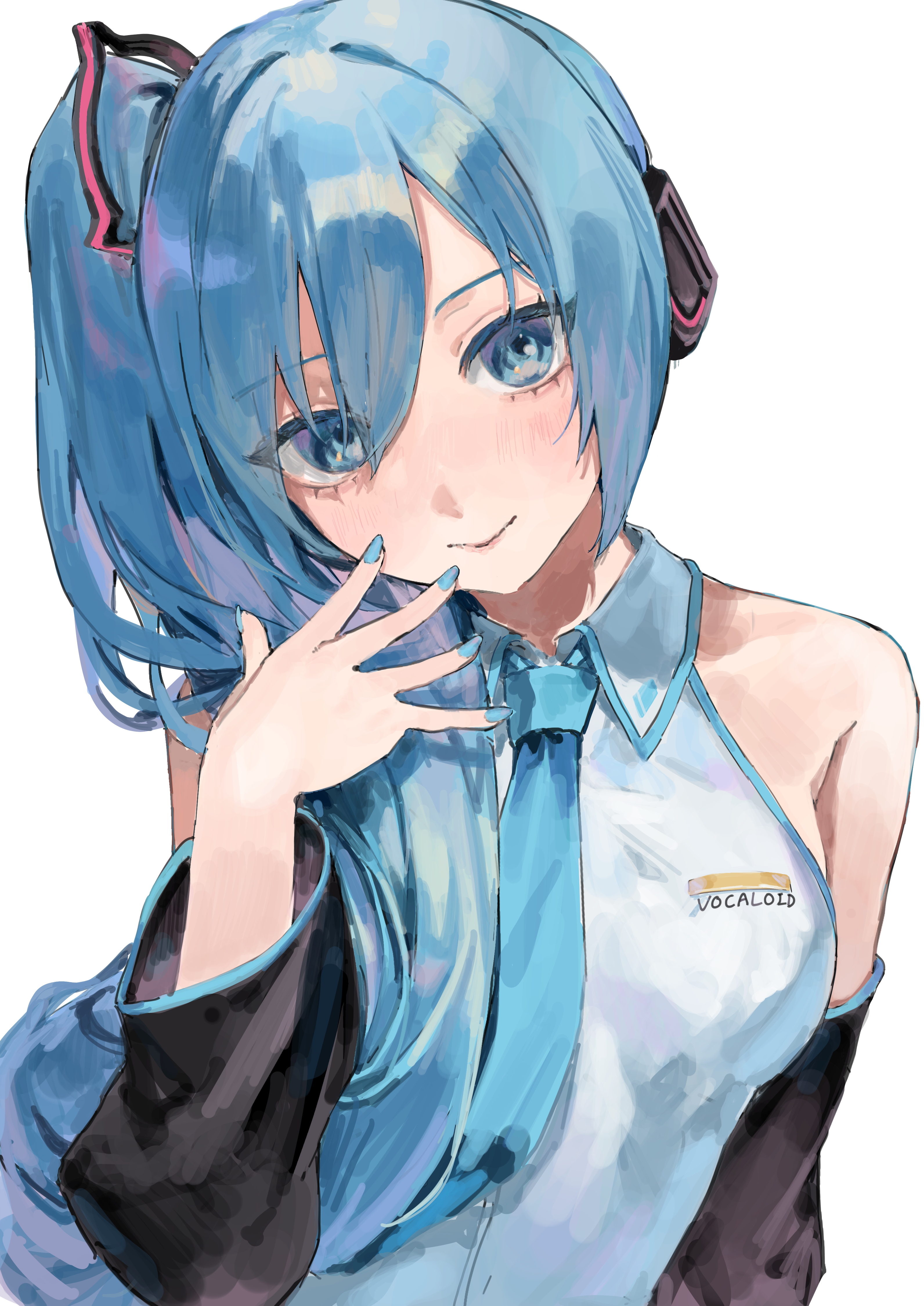 kani samurai, hatsune miku, hatsune miku (noodle stopper), vocaloid, absurdres, commentary request, highres, 1girl, bare shoulders, black sleeves, blue eyes, blue hair, blue nails, blue necktie, blue trim, blush, closed mouth, clothes writing, collared shirt, copyright name, detached sleeves, double-parted bangs, eyes visible through hair, fingers to cheek, grey shirt, hair between eyes, hair ornament, hair over shoulder, hand up, head tilt, high side ponytail, long hair, long sleeves, looking at viewer, meme, nail polish, necktie, shirt, sidetail miku noodle stopper (meme), simple background, sleeveless, sleeveless shirt, smile, solo, swept bangs, upper body, white background