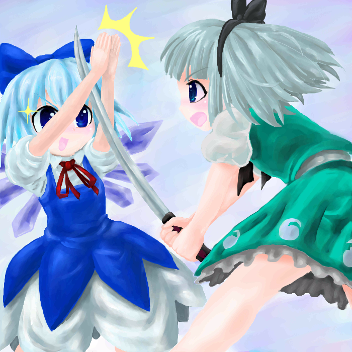 kabutoyama, cirno, konpaku youmu, touhou, 2girls, ^^^, bow, doyagao, failure, female focus, hair ribbon, katana, multiple girls, no lineart, oekaki, ribbon, smug, sword, sword stop, weapon, you're doing it wrong