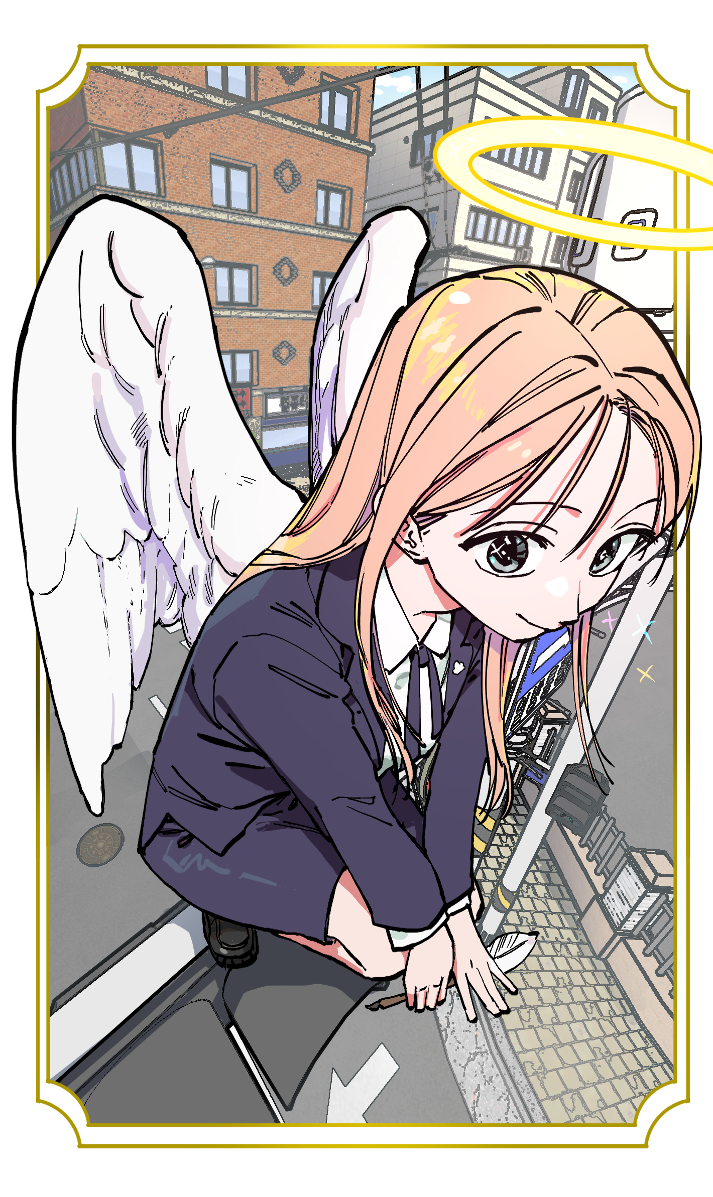 original, highres, 1girl, angel, angel wings, borocomi, feathered wings, feathers, from above, halo, jacket, long hair, necktie, pencil skirt, skirt, solo, squatting, white wings, wings