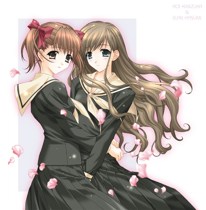 hasumi elan, kimizuka aoi, fukuzawa yumi, toudou shimako, maria-sama ga miteru, 00s, 2girls, aqua eyes, artist name, brown eyes, brown hair, cherry blossoms, floating hair, friends, hair ribbon, long hair, long sleeves, multiple girls, petals, pleated skirt, ribbon, school uniform, serafuku, short hair, simple background, skirt, twintails, wavy hair, wind