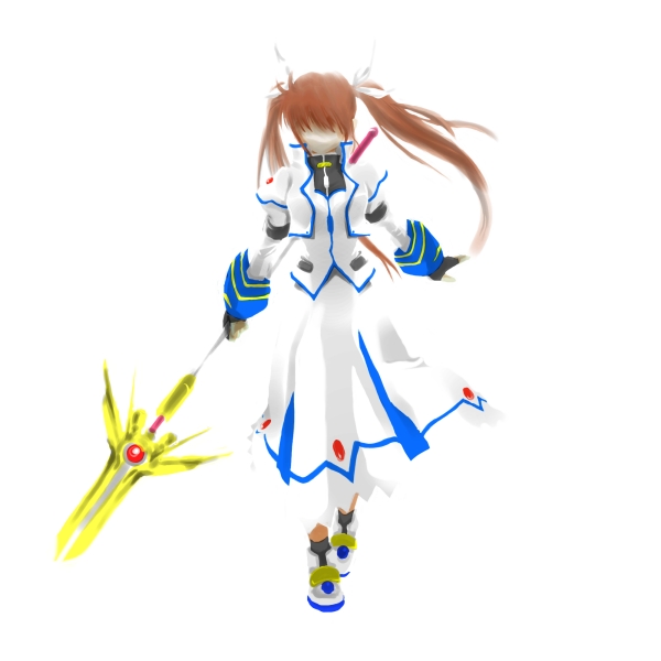buchi (uma012017), raising heart, raising heart (exceed mode), takamachi nanoha, takamachi nanoha (exceed mode), lyrical nanoha, mahou shoujo lyrical nanoha, mahou shoujo lyrical nanoha strikers, uniform, 00s, 1girl, black gloves, brown hair, dress, female focus, fingerless gloves, full body, gloves, hidden eyes, jacket, long sleeves, magical girl, open clothes, open jacket, polearm, red hair, shadow, solo, spear, standing, twintails, weapon, white devil, white dress