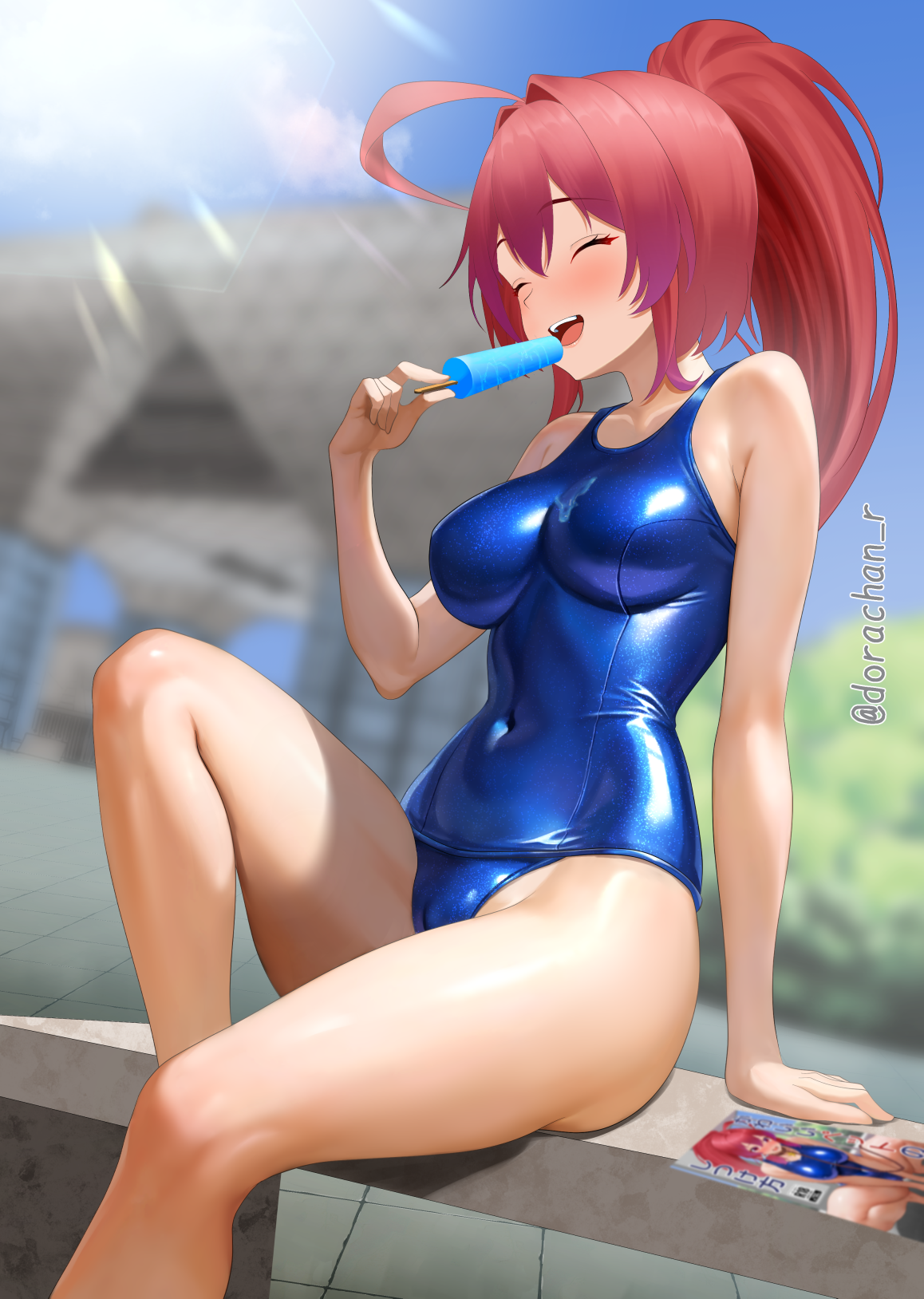 dorachan r, i-168 (kancolle), comiket, kantai collection, commentary request, highres, 1girl, ahoge, bench, blue one-piece swimsuit, blush, breasts, cameltoe, closed eyes, covered navel, food, long hair, medium breasts, old school swimsuit, on bench, one-piece swimsuit, open mouth, ponytail, popsicle, red hair, school swimsuit, sitting, smile, solo, swimsuit, thighs
