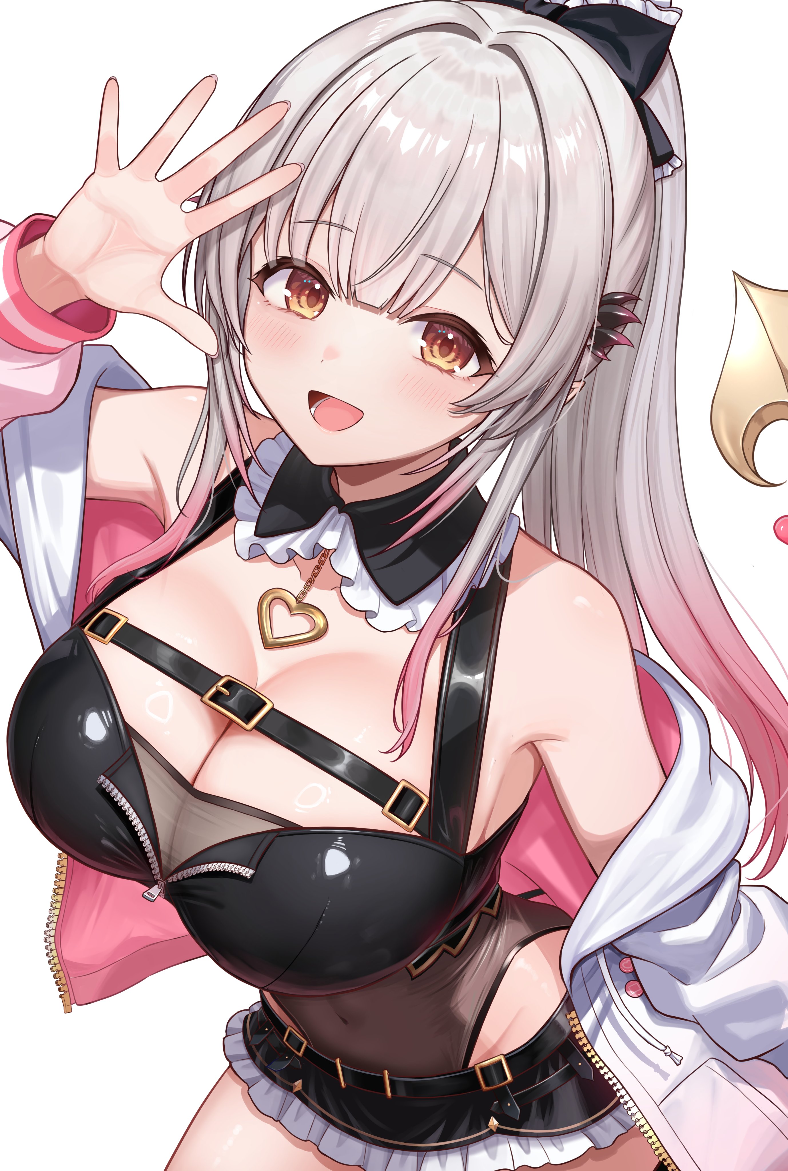 daysss, suou patra, indie virtual youtuber, absurdres, commentary request, highres, 1girl, arm up, bare shoulders, belt, black shirt, black skirt, bow, breasts, brown leotard, cleavage, collar, cowboy shot, crop top, detached collar, frilled collar, frilled skirt, frills, grey hair, hair bow, heart, highleg, highleg leotard, jacket, large breasts, leotard, long hair, looking at viewer, microskirt, off shoulder, open clothes, open jacket, open mouth, orange eyes, ponytail, shirt, simple background, skirt, sleeveless, sleeveless shirt, smile, solo, unzipped, virtual youtuber, white background, white jacket