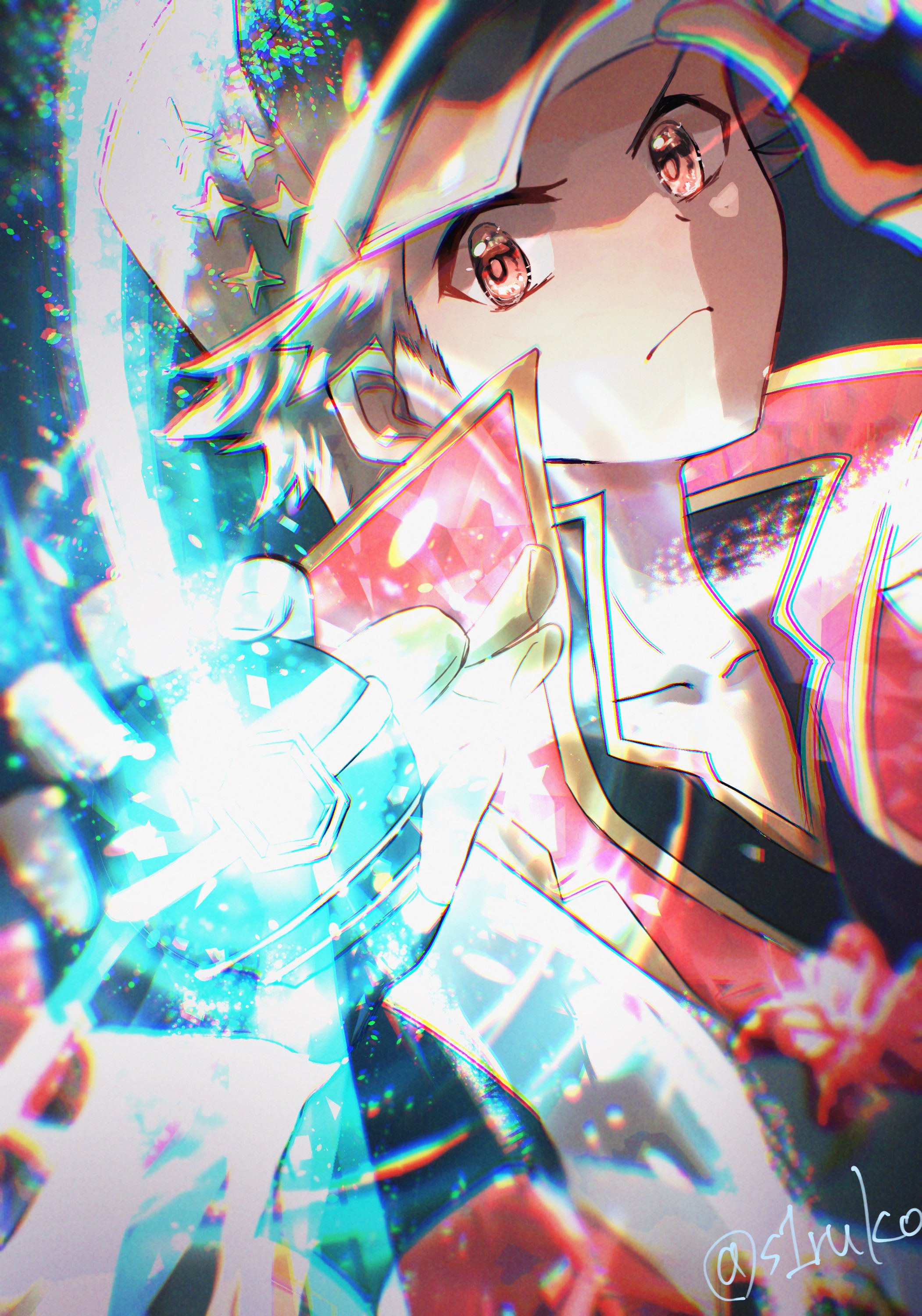 shiruko (s1ruko), red (anniversary 2025) (pokemon), red (pokemon), nintendo, pokemon, pokemon masters ex, absurdres, commentary request, highres, 1boy, blurry, brown eyes, chromatic aberration, closed mouth, collarbone, frown, gloves, hand up, hat, holding, holding tera orb, looking at viewer, male focus, official alternate costume, short hair, solo, sparkle, tera orb, twitter username, upper body, watermark