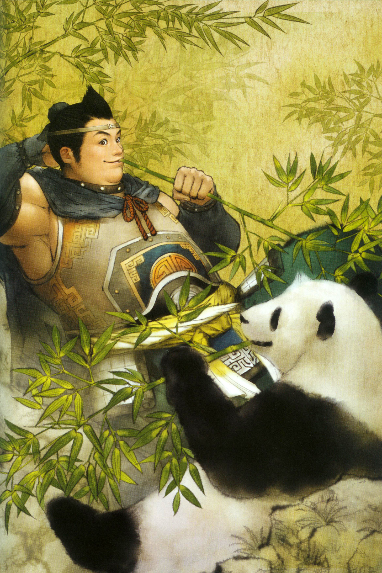 xu zhu, shin sangoku musou, absurdres, highres, scan, 1boy, armor, bamboo, bamboo forest, forest, male focus, nature, outdoors, panda, plant, solo