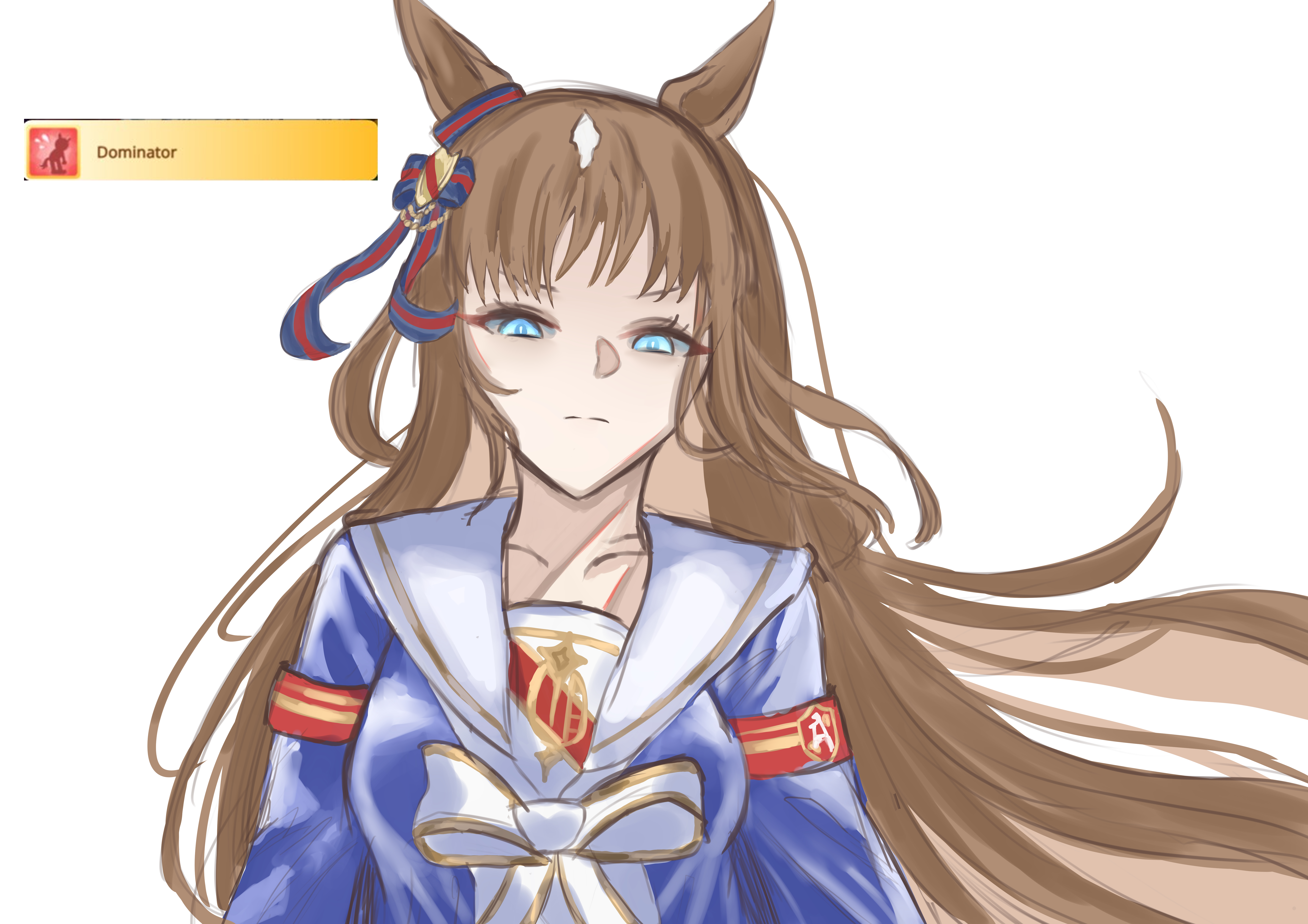 coffeepls777, grass wonder (umamusume), umamusume, absurdres, highres, 1girl, animal ears, armband, blue eyes, blue jacket, bow, breasts, brown hair, closed mouth, collarbone, dress, ear bow, ear ornament, ear ribbon, horse ears, horse girl, jacket, long hair, long sleeves, looking at viewer, multicolored hair, red armband, sailor collar, simple background, solo, upper body, white background, white bow, white dress, white hair, white sailor collar