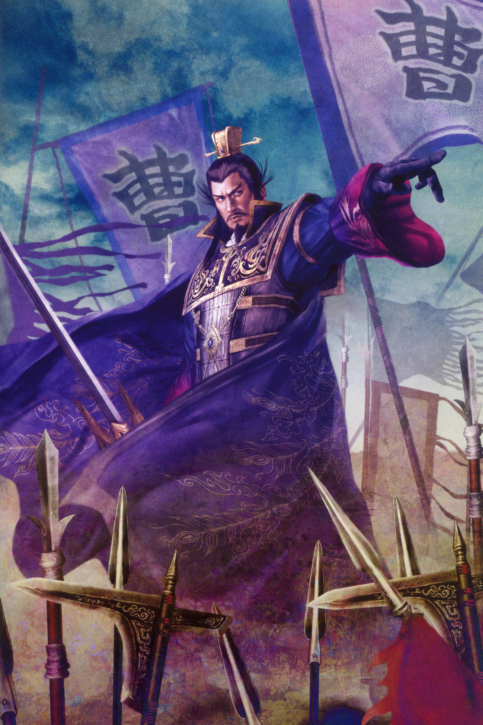 cao cao, shin sangoku musou, absurdres, highres, scan, 1boy, armor, cape, facial hair, flag, headdress, male focus, mustache, polearm, sky, solo, spear, standing, sword, weapon