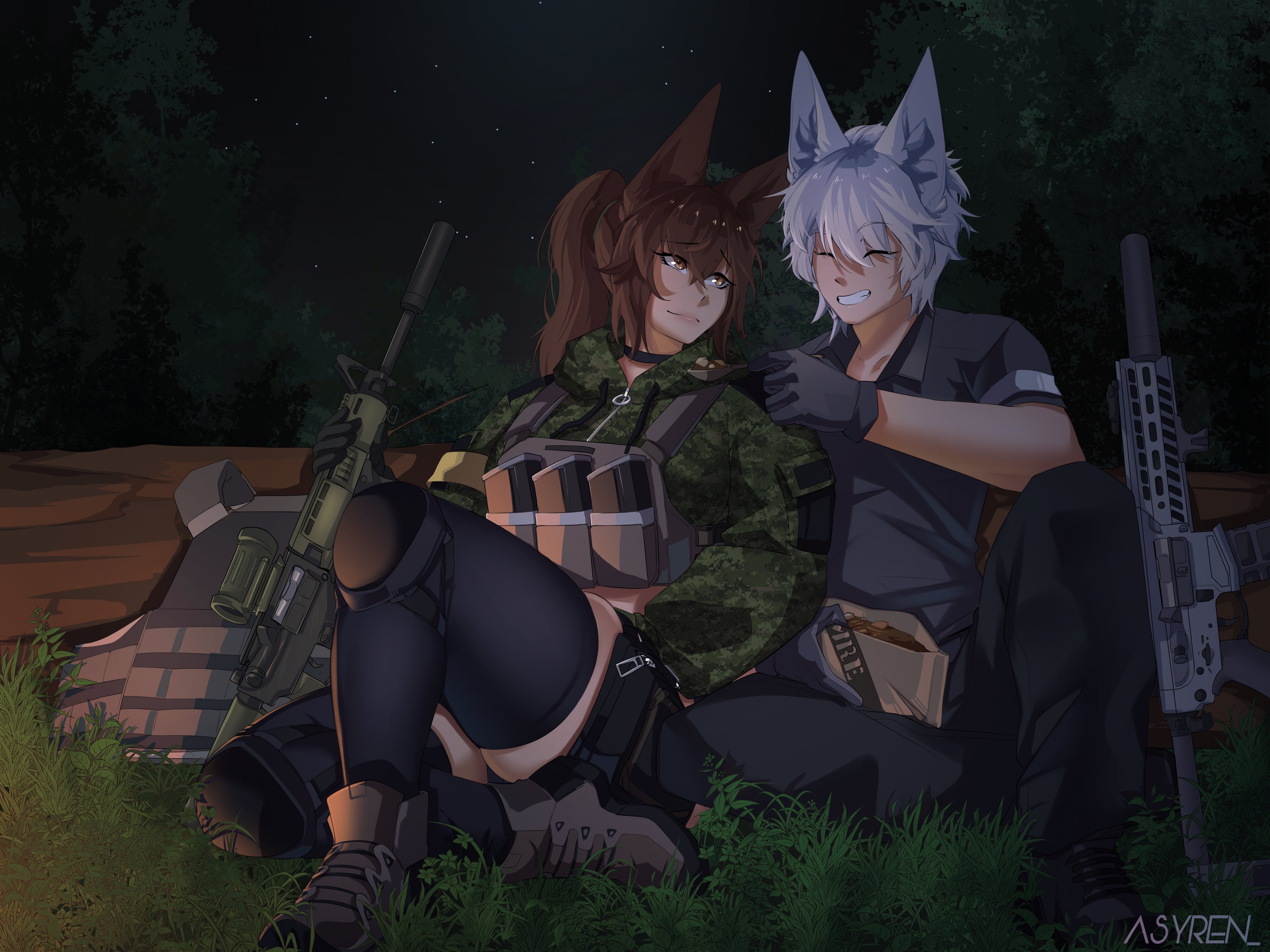 notanubi, callisto (greyeth), original, sig sauer, absurdres, commission, highres, 1boy, 1girl, ali (matchaiota), animal ears, assault rifle, boots, brown eyes, brown hair, bulletproof vest, choker, colt canada c7, eating, field ration, fox boy, fox ears, fox girl, grass, gun, knee pads, magazine (weapon), night, night sky, outdoors, pouch, rifle, sig mcx, sitting, sky, smile, thigh pouch, tree, weapon, white hair