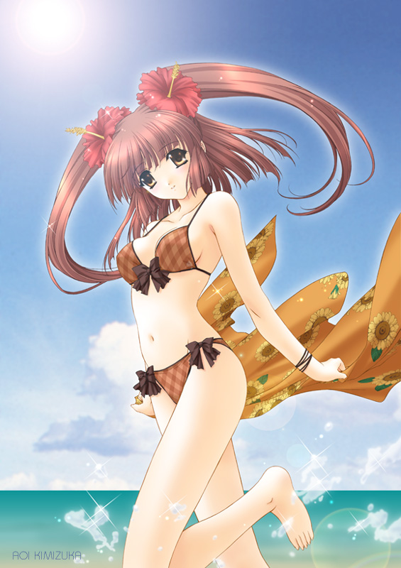 kimizuka aoi, barefoot, bikini, brown eyes, brown hair, day, solo, swimsuit, twintails