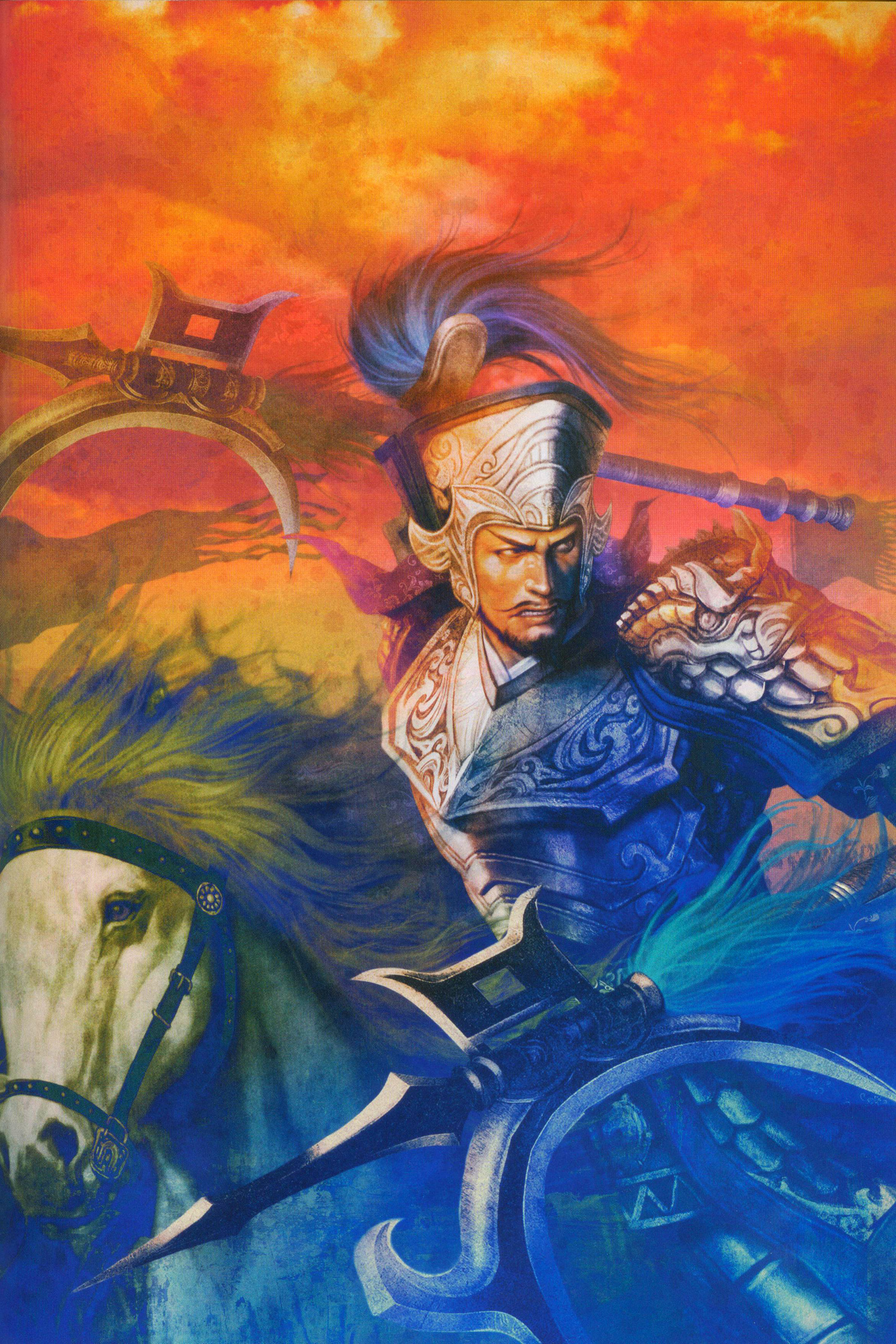 zhang liao (shin sangoku musou), shin sangoku musou, absurdres, highres, scan, 1boy, armor, beard, dual wielding, facial hair, halberd, hat, holding, horse, horseback riding, male focus, mustache, outdoors, polearm, riding, sky, solo, sunset, weapon