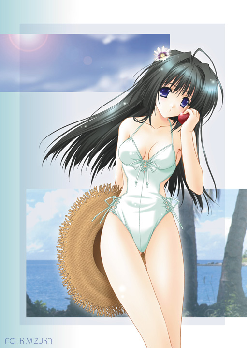 kimizuka aoi, 1girl, artist name, black hair, blue eyes, breasts, female focus, flower, hair flower, hair ornament, hat, long hair, looking at viewer, one-piece swimsuit, palm tree, photo background, sky, solo, straw hat, swimsuit, thigh gap, tree, white one-piece swimsuit