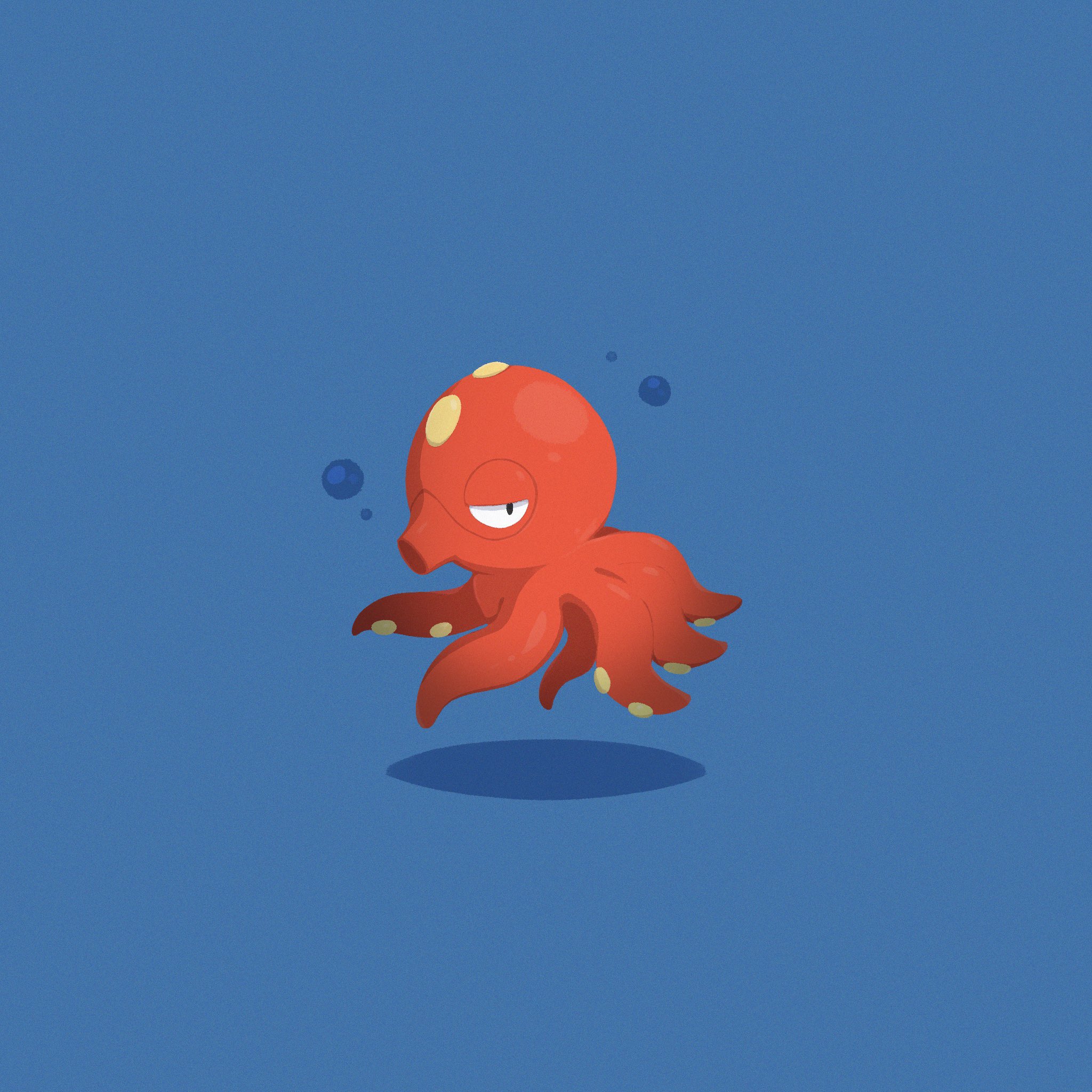 afuron, octillery, nintendo, pokemon, commentary request, highres, black eyes, blue background, bubble, from side, full body, gen 2 pokemon, looking at viewer, no humans, pokemon (creature), pokemon focus, sideways glance, solo