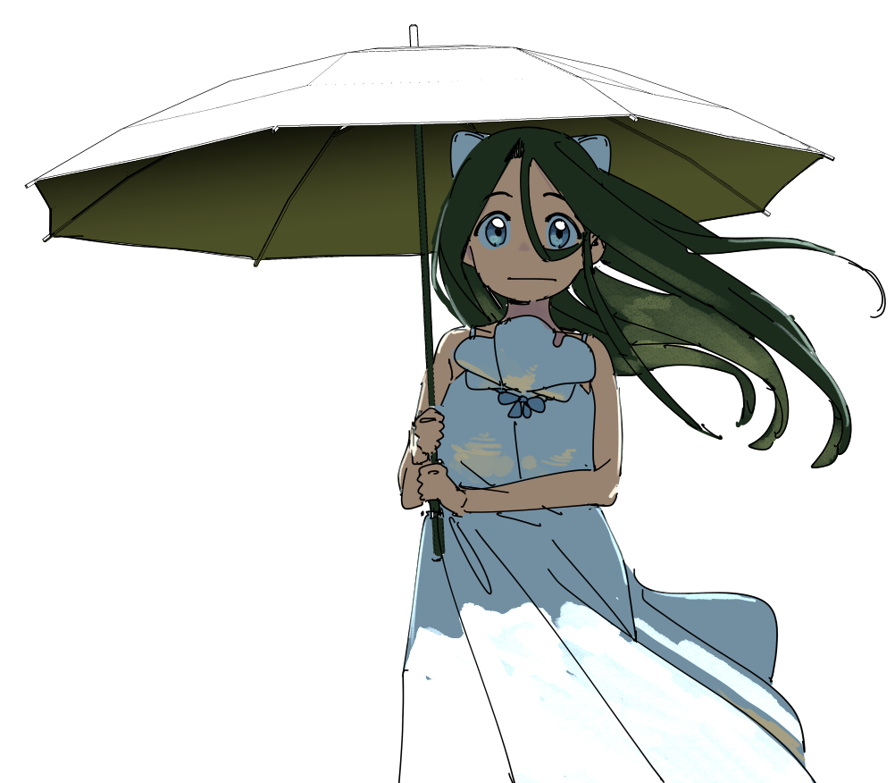 petosu (sunoco), asui tsuyu, original, 1girl, black hair, blue eyes, closed mouth, dress, green hair, hair between eyes, hair rings, holding, holding umbrella, leaf umbrella, long hair, looking at viewer, oil-paper umbrella, parasol, see-through clothes, simple background, sleeveless, sleeveless dress, solo, umbrella, white background, white dress