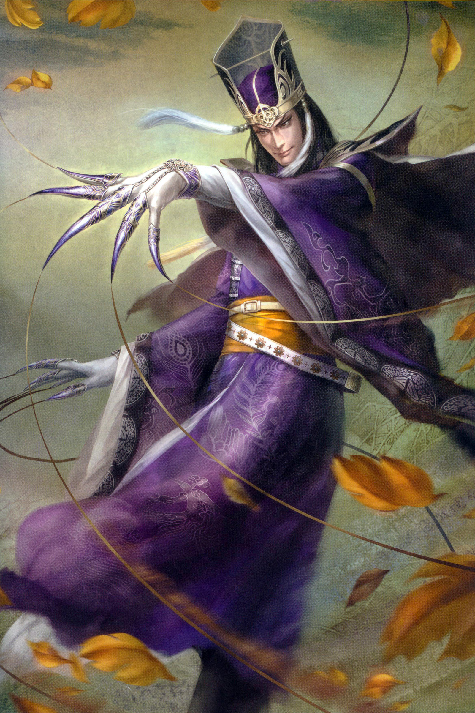 sima yi, shin sangoku musou, absurdres, highres, scan, 1boy, claws, gradient background, hat, male focus, solo