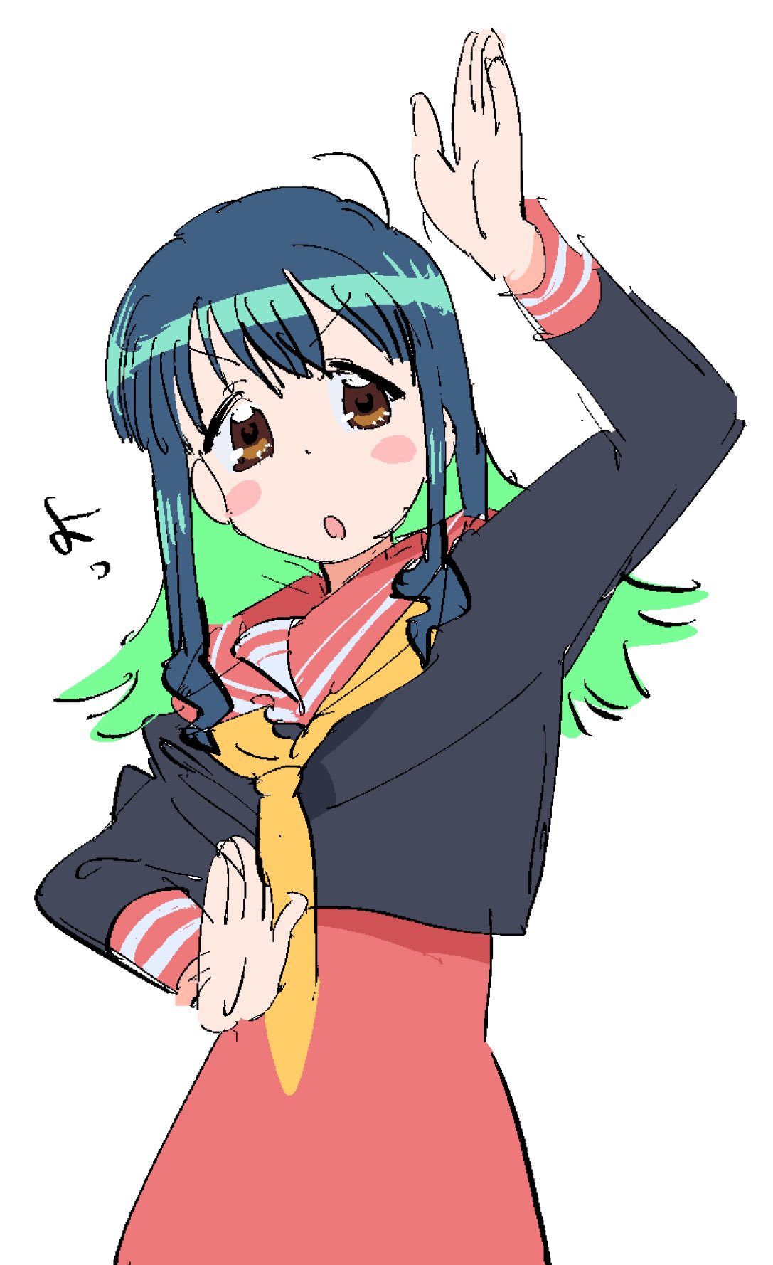 ddasang, original, highres, 1girl, :o, blue hair, blush stickers, brown eyes, green hair, long hair, long sleeves, looking at viewer, multicolored hair, open mouth, sailor collar, school uniform, serafuku, simple background, skirt, solo, white background