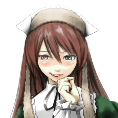 buchi (uma012017), suiseiseki, rozen maiden, lowres, 00s, 1girl, :d, blush, collar, dress, female focus, green dress, hair between eyes, hand to own mouth, headscarf, long hair, long sleeves, looking at viewer, naughty face, open mouth, round teeth, simple background, smile, solo, teeth, very long hair, white background, white headscarf, wrist cuffs