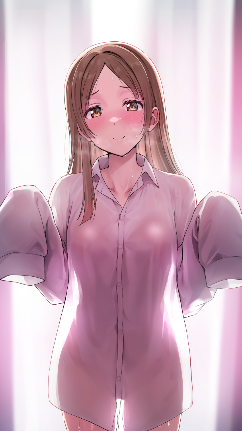 shiitake taishi, kuramoto china, gakuen idolmaster, idolmaster, commentary request, highres, revision, 1girl, blush, breasts, brown eyes, brown hair, cleavage, closed mouth, collared shirt, large breasts, long hair, long sleeves, looking at viewer, naked shirt, oversized clothes, oversized shirt, parted bangs, shirt, sleeves past fingers, sleeves past wrists, smile, solo, standing, sweat, thighs, white shirt