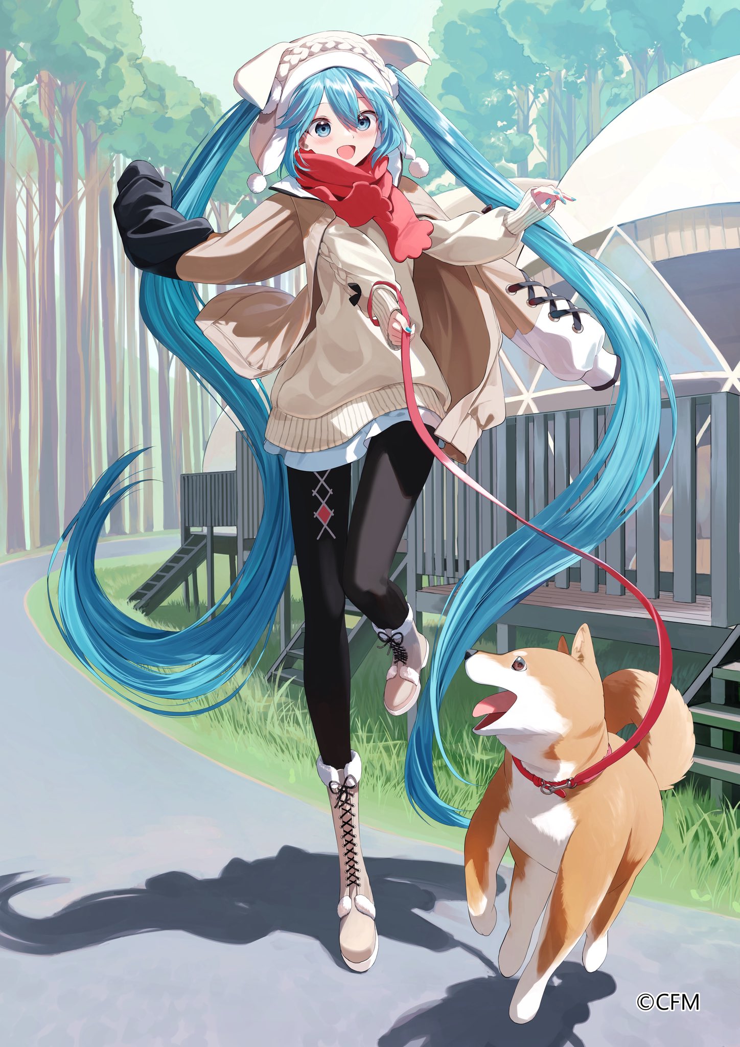 pentagon (railgun ky1206), hatsune miku, vocaloid, highres, official art, 1girl, aqua eyes, black pantyhose, blue hair, boots, brown boots, full body, hair between eyes, knee boots, long hair, long sleeves, looking at animal, open mouth, outdoors, pantyhose, pink scarf, scarf, shadow, shiba inu, smile, standing, standing on one leg, twintails, very long hair