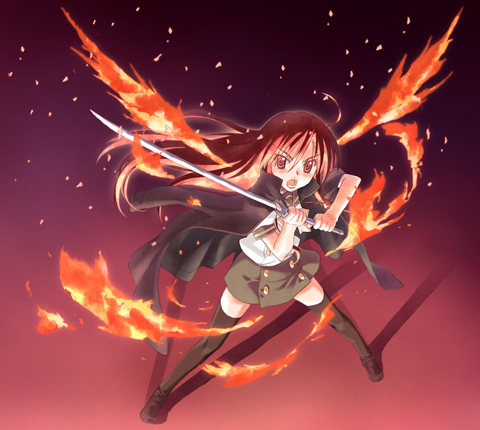 nyaou, alastor (shakugan no shana), shana, shakugan no shana, 00s, 1girl, battle, female focus, fiery wings, fighting, fire, jewelry, pendant, red hair, solo, sword, thighhighs, weapon, wings
