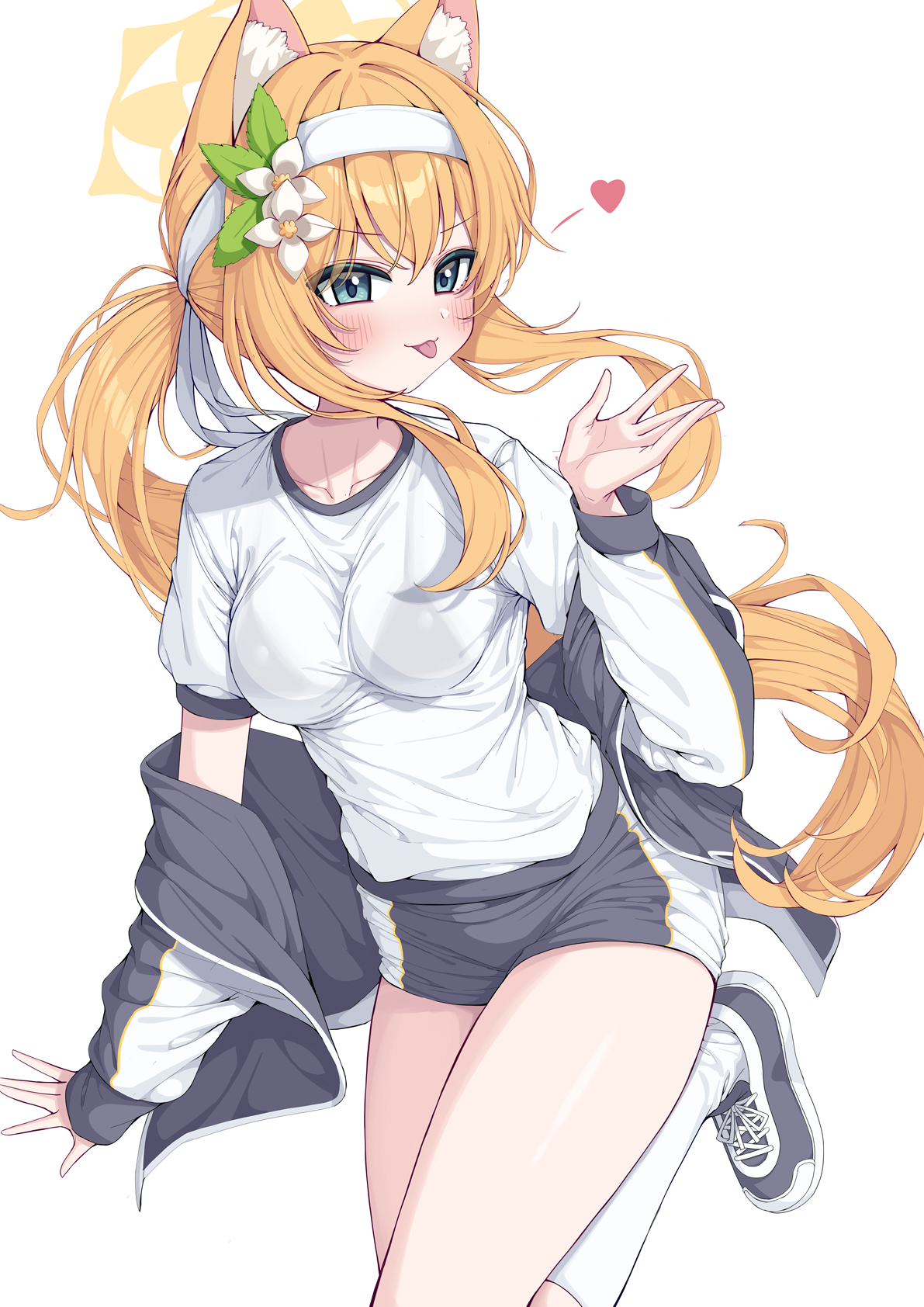 metaljelly, mari (blue archive), mari (track) (blue archive), blue archive, commentary request, highres, korean commentary, 1girl, :p, animal ears, blue eyes, breasts, flower, hair flower, hair ornament, halo, jacket, long hair, medium breasts, official alternate costume, orange hair, ponytail, shirt, simple background, solo, tongue, tongue out, track jacket, white background, white flower, white shirt, yellow halo