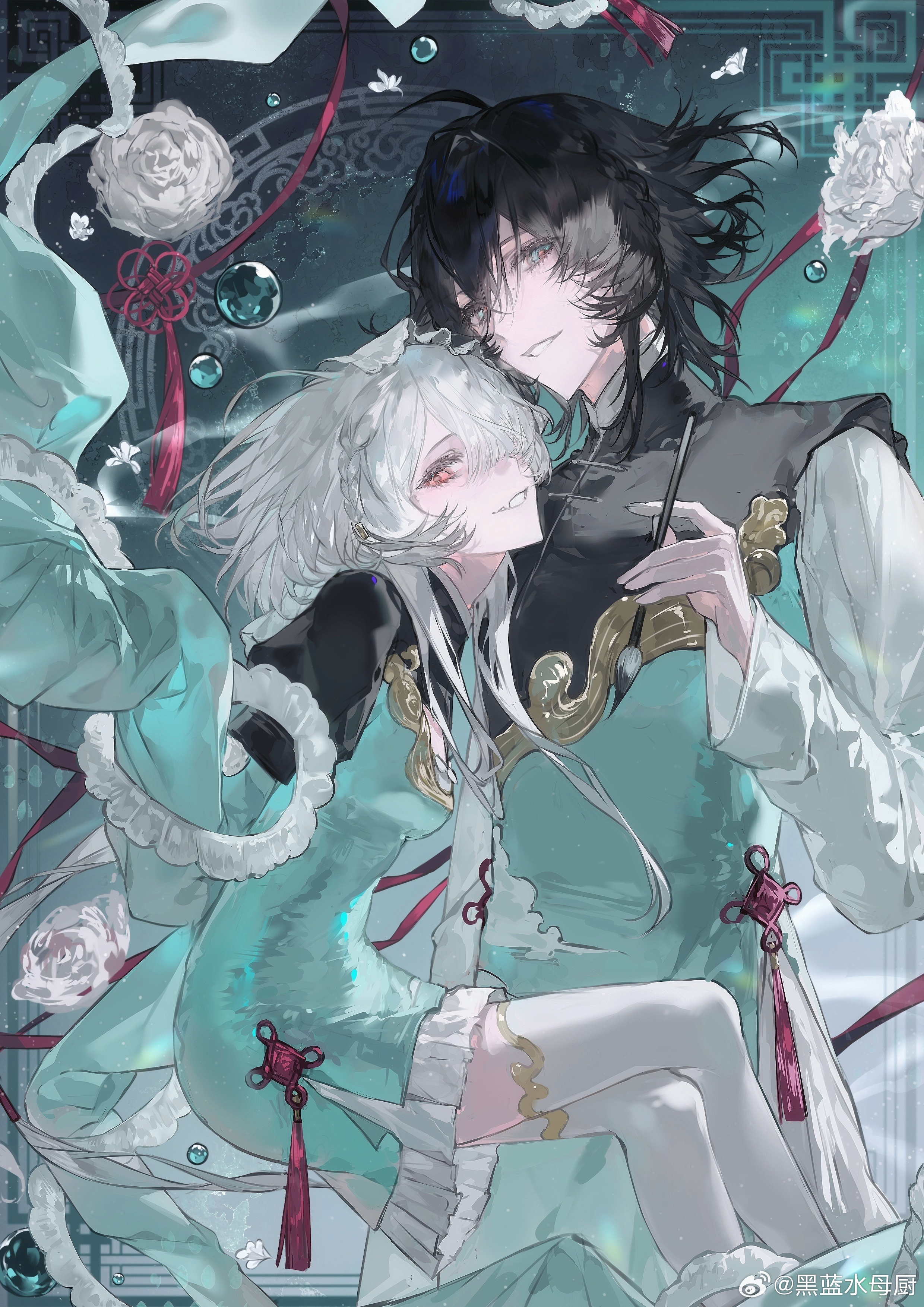 original, absurdres, highres, 1boy, 1girl, black eyes, black hair, braid, china dress, chinese clothes, chinese knot, dress, flower, frills, green dress, hair between eyes, hair over one eye, heilanshuimuchu, holding, holding smoking pipe, kiseru, long hair, long sleeves, looking at viewer, parted lips, red eyes, red ribbon, ribbon, short hair, sleeves past fingers, sleeves past wrists, smile, smoking pipe, tassel, thighhighs, white flower, white hair