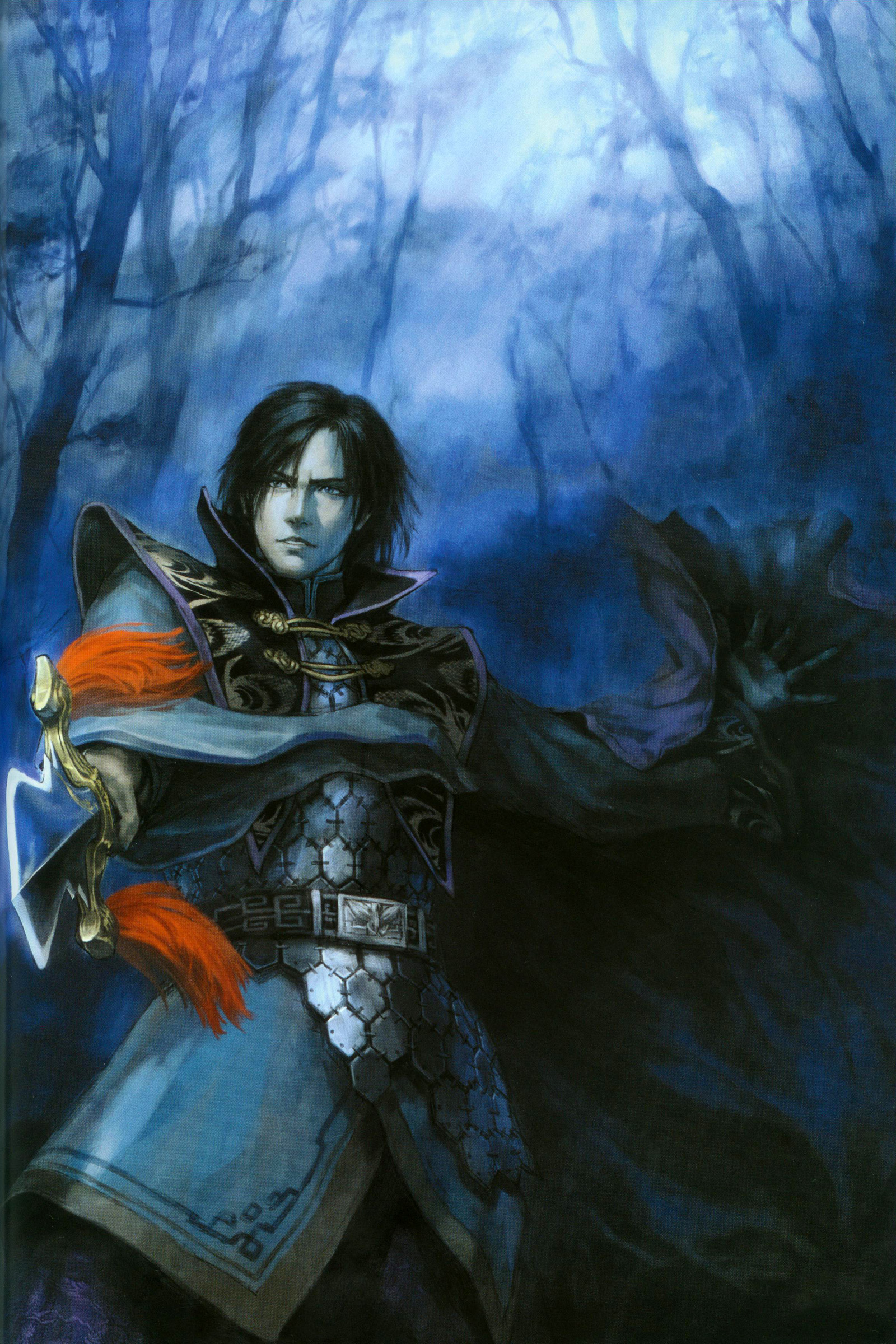 cao pi (shin sangoku musou), shin sangoku musou, absurdres, highres, scan, 1boy, armor, cape, forest, male focus, nature, outdoors, plant, solo, sword, weapon