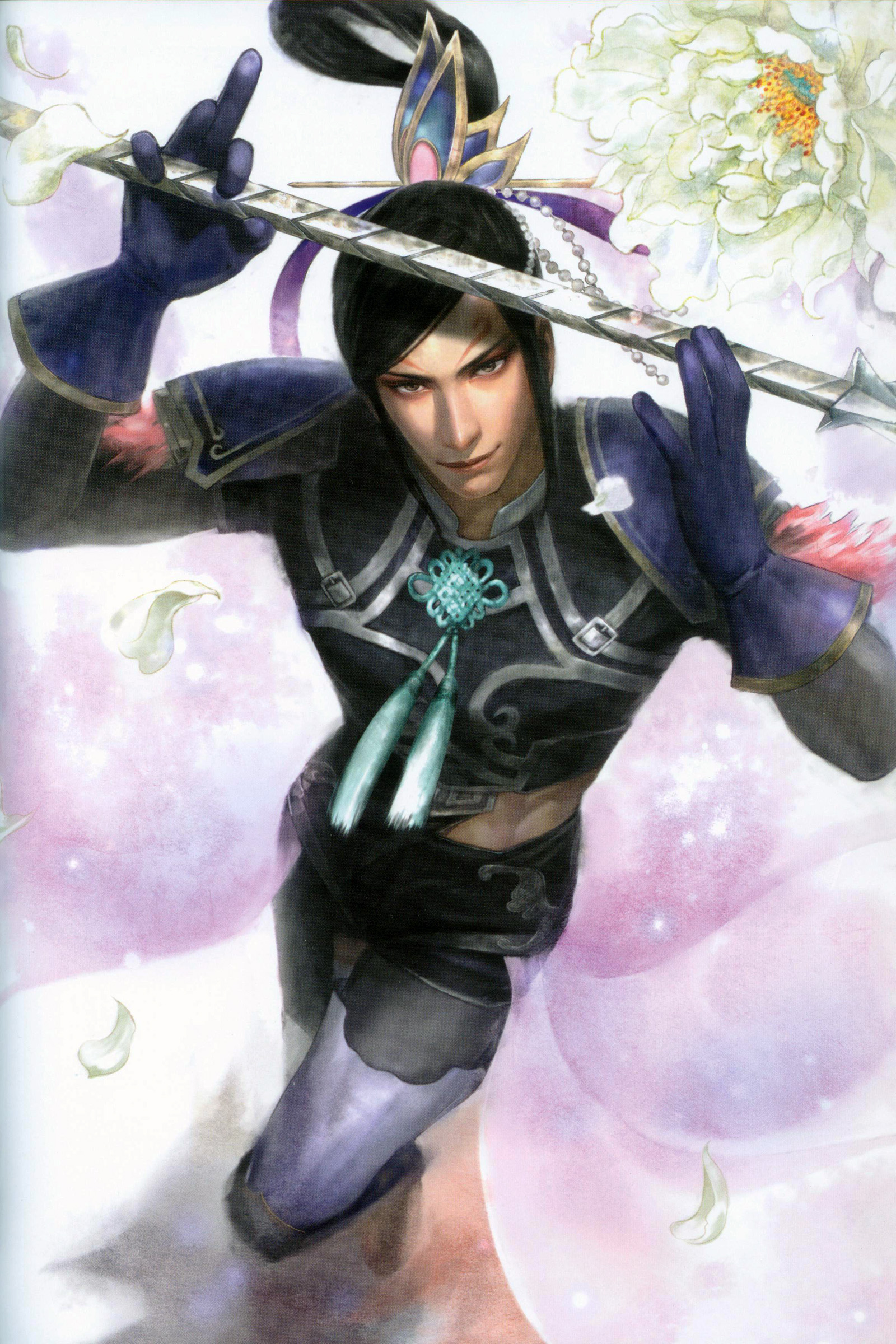 zhang he (shin sangoku musou), shin sangoku musou, absurdres, highres, scan, 1boy, armor, flower, gradient background, male focus, plant, polearm, solo, weapon