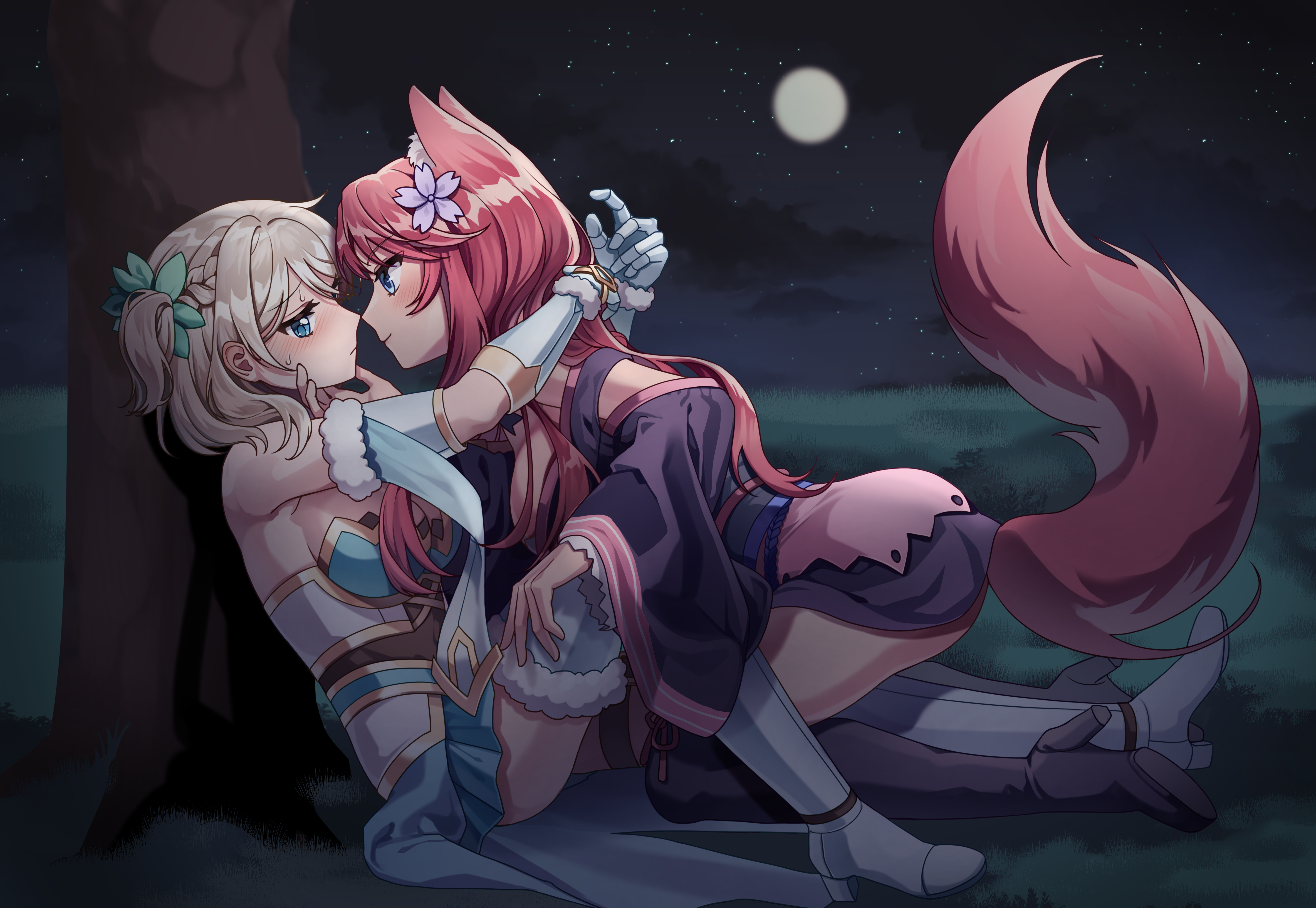 juniper (sakura fox adventure), yomi (sakura dungeon), sakura dungeon, sakura fox adventure, absurdres, artist request, commission, commissioner upload, highres, non-web source, 2girls, animal ears, armored boots, blonde hair, blue eyes, blush, boots, braid, crown braid, embarrassed, fox ears, fox girl, fox tail, gauntlets, grabbing another's chin, hand on another's chin, in-franchise crossover, japanese clothes, kimono, knight, moon, multiple girls, night, on ground, pink hair, sweat, tail, thighhighs, tree, yuri
