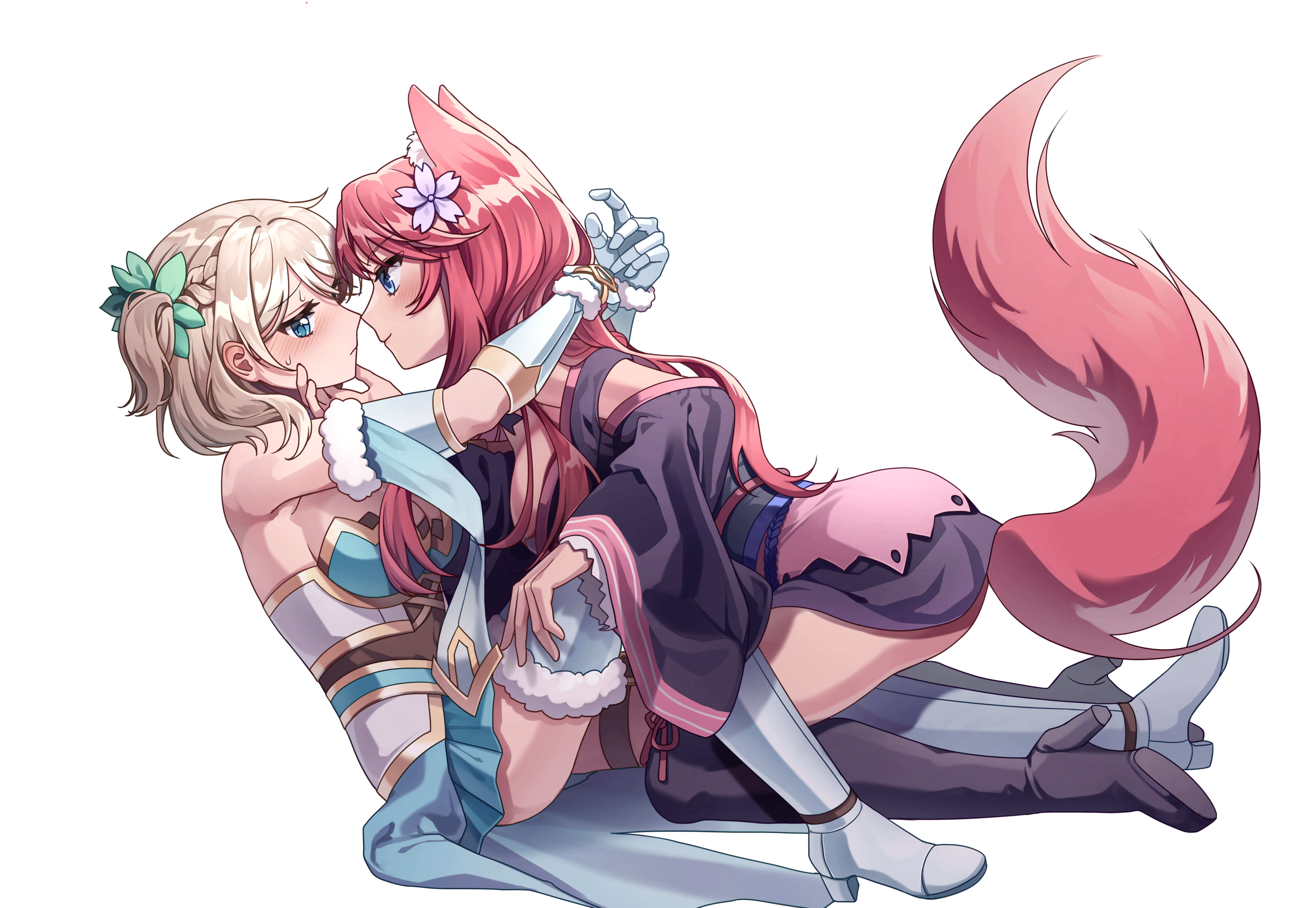 juniper (sakura fox adventure), yomi (sakura dungeon), sakura dungeon, sakura fox adventure, absurdres, artist request, commission, commissioner upload, highres, non-web source, 2girls, animal ears, armored boots, blonde hair, blue eyes, blush, boots, braid, crown braid, embarrassed, fox ears, fox girl, fox tail, gauntlets, grabbing another's chin, hand on another's chin, in-franchise crossover, japanese clothes, kimono, knight, multiple girls, on ground, pink hair, sweat, tail, thighhighs, yuri