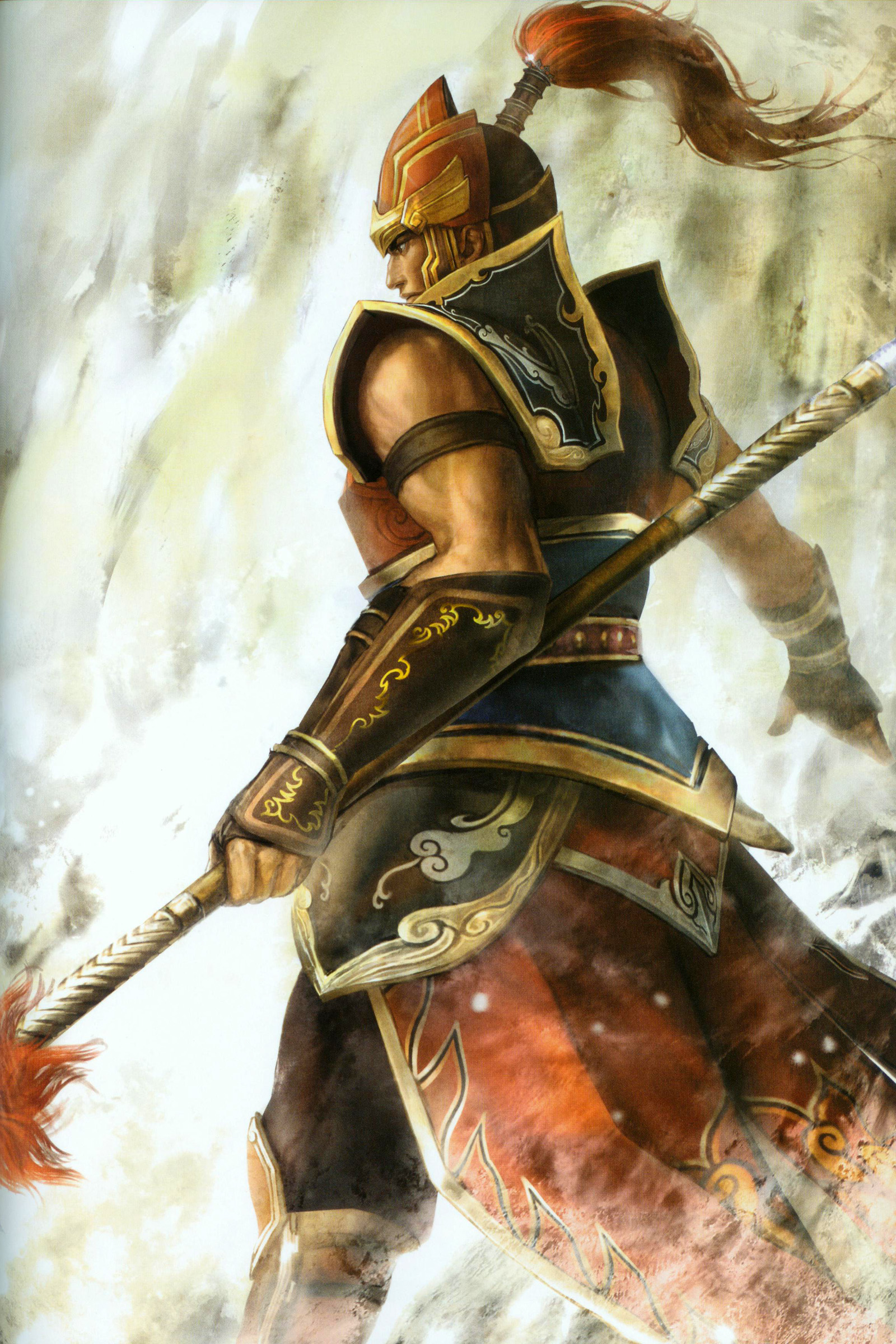 taishi ci, shin sangoku musou, absurdres, highres, scan, 1boy, armor, gradient background, helmet, male focus, polearm, solo, weapon