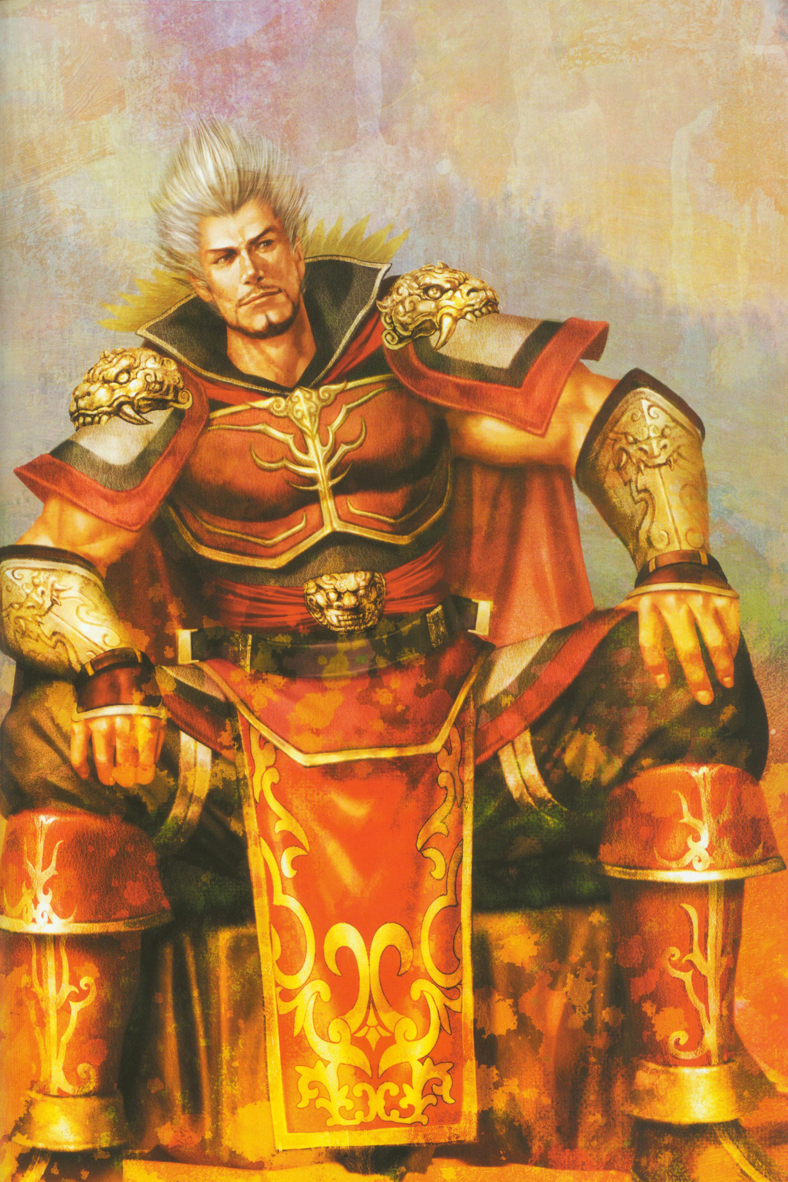 sun jian (shin sangoku musou), shin sangoku musou, absurdres, highres, scan, 1boy, armor, cape, gradient background, male focus, solo