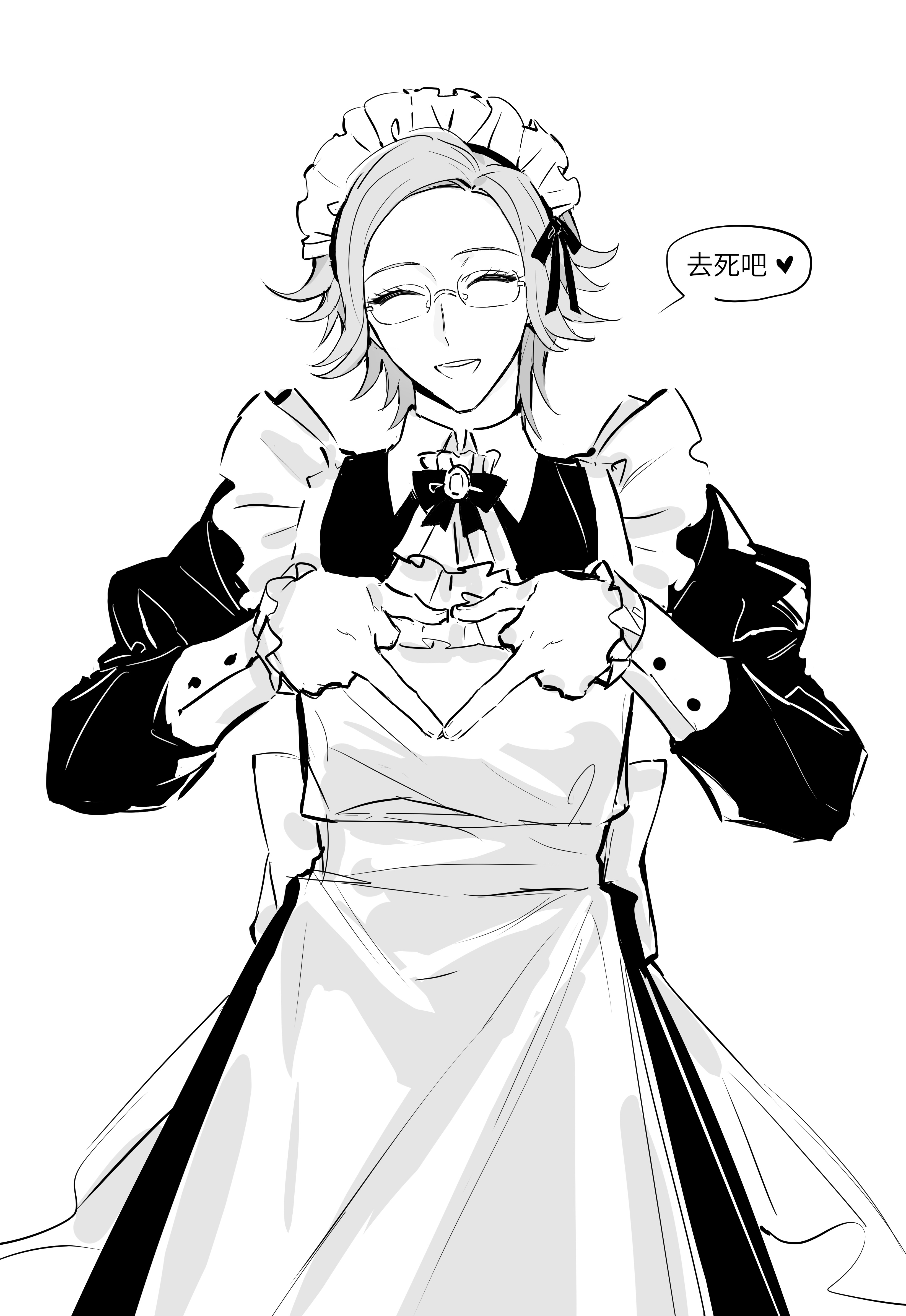 xiluo0207, aotsuki eito, the hundred line -last defense academy-, absurdres, chinese commentary, commentary request, highres, 1boy, ^ ^, alternate costume, apron, ascot, bow, bowtie, chinese text, closed eyes, crossdressing, crossdressing (mtf), dress, enmaided, facing viewer, four-finger heart hands, frilled apron, frills, glasses, greyscale, heart, heart hands, juliet sleeves, long sleeves, maid, maid apron, maid headdress, male focus, male maid, monochrome, puffy sleeves, short hair, simple background, solo, speech bubble