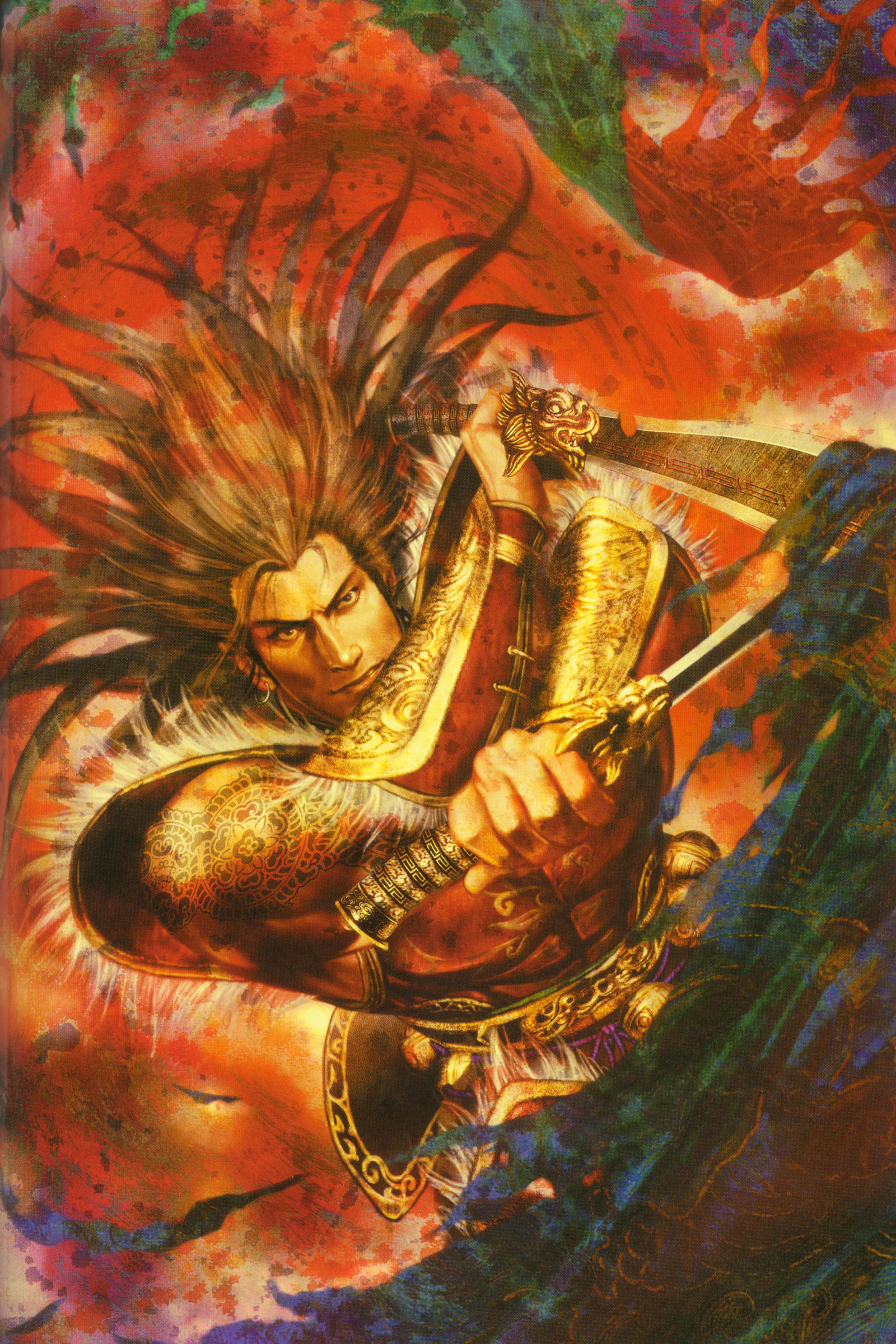 gan ning (shin sangoku musou), shin sangoku musou, absurdres, highres, scan, 1boy, armor, knife, male focus, solo