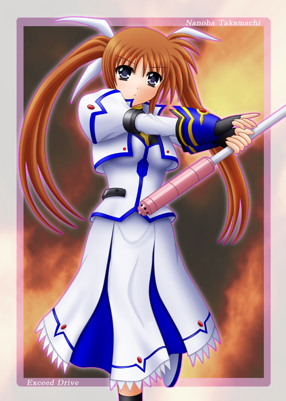yamaguchi ugou, raising heart, raising heart (exceed mode), takamachi nanoha, takamachi nanoha (exceed mode), lyrical nanoha, mahou shoujo lyrical nanoha, mahou shoujo lyrical nanoha strikers, 00s, 1girl, black gloves, black socks, blue eyes, border, character name, dress, female focus, fingerless gloves, gloves, jacket, kneehighs, long hair, long sleeves, looking at viewer, magical girl, open clothes, open jacket, orange hair, outstretched arms, purple eyes, red hair, socks, solo, standing, thighhighs, twintails, white dress, zettai ryouiki
