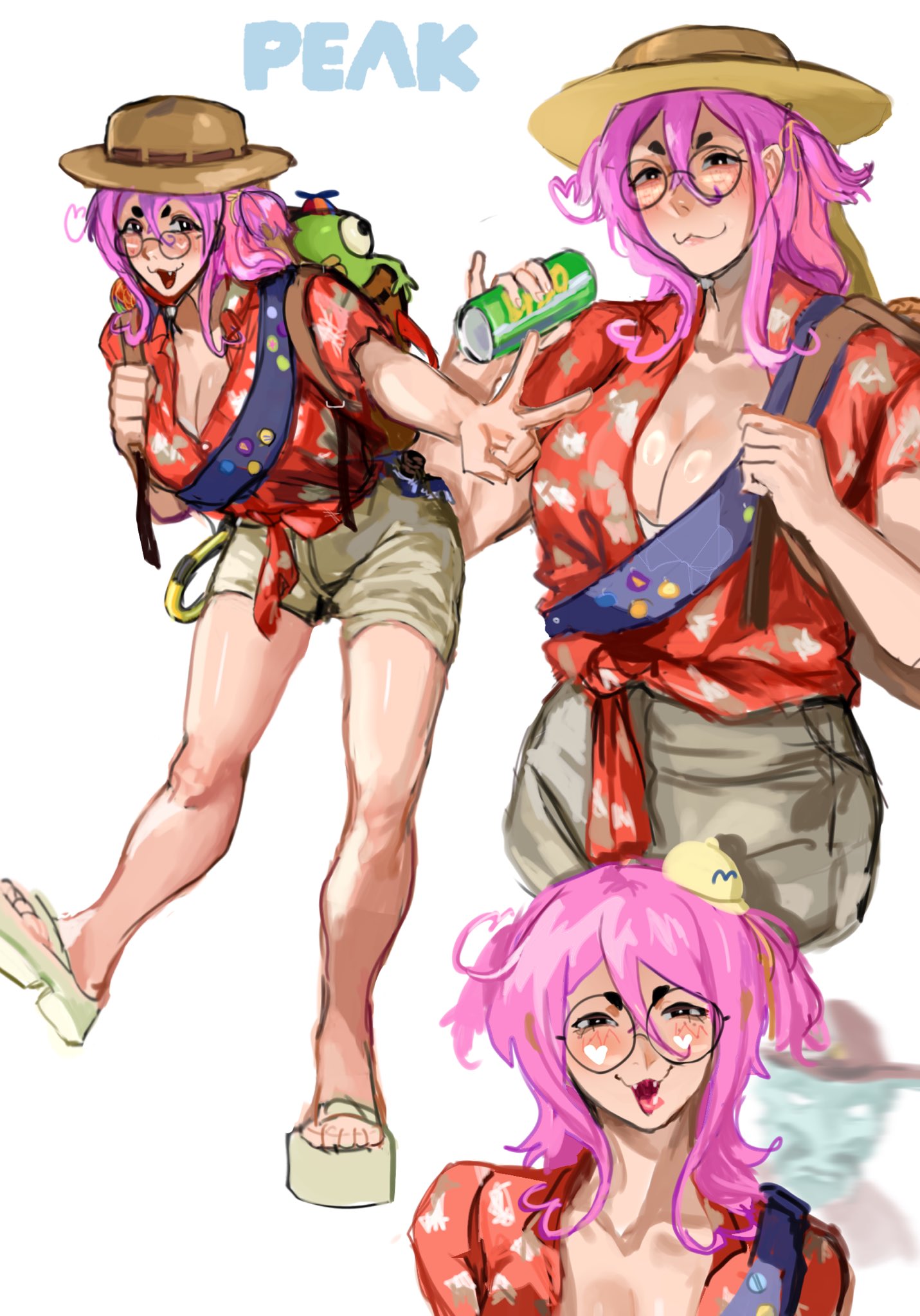 sfour s4, original, peak (game), commentary, english commentary, highres, 1boy, 1girl, 1other, backpack, bag, bing bong (peak), blue hair, breasts, can, carabiner, cleavage, drink, drink can, english text, full body, glasses, hat, hawaiian shirt, holding, holding can, holding drink, light blush, looking at viewer, mini hat, open mouth, patch, platform sandals, propeller hat, sandals, sash, scoutmaster myres, shirt, shorts, simple background, smile, soda can, solo, v, white background