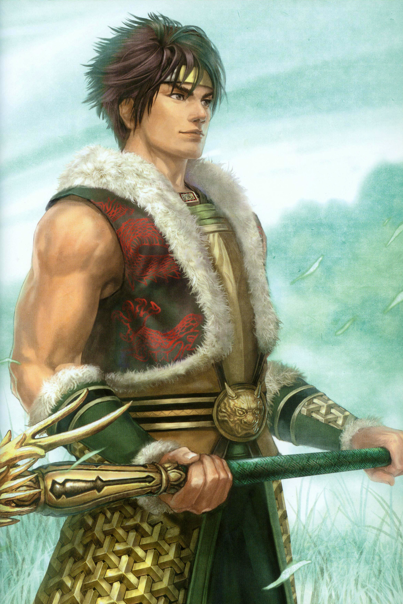 guan ping (shin sangoku musou), shin sangoku musou, fur, absurdres, highres, official art, scan, 1boy, armor, headband, male focus, mountain pattern armor, polearm, solo, vest, weapon