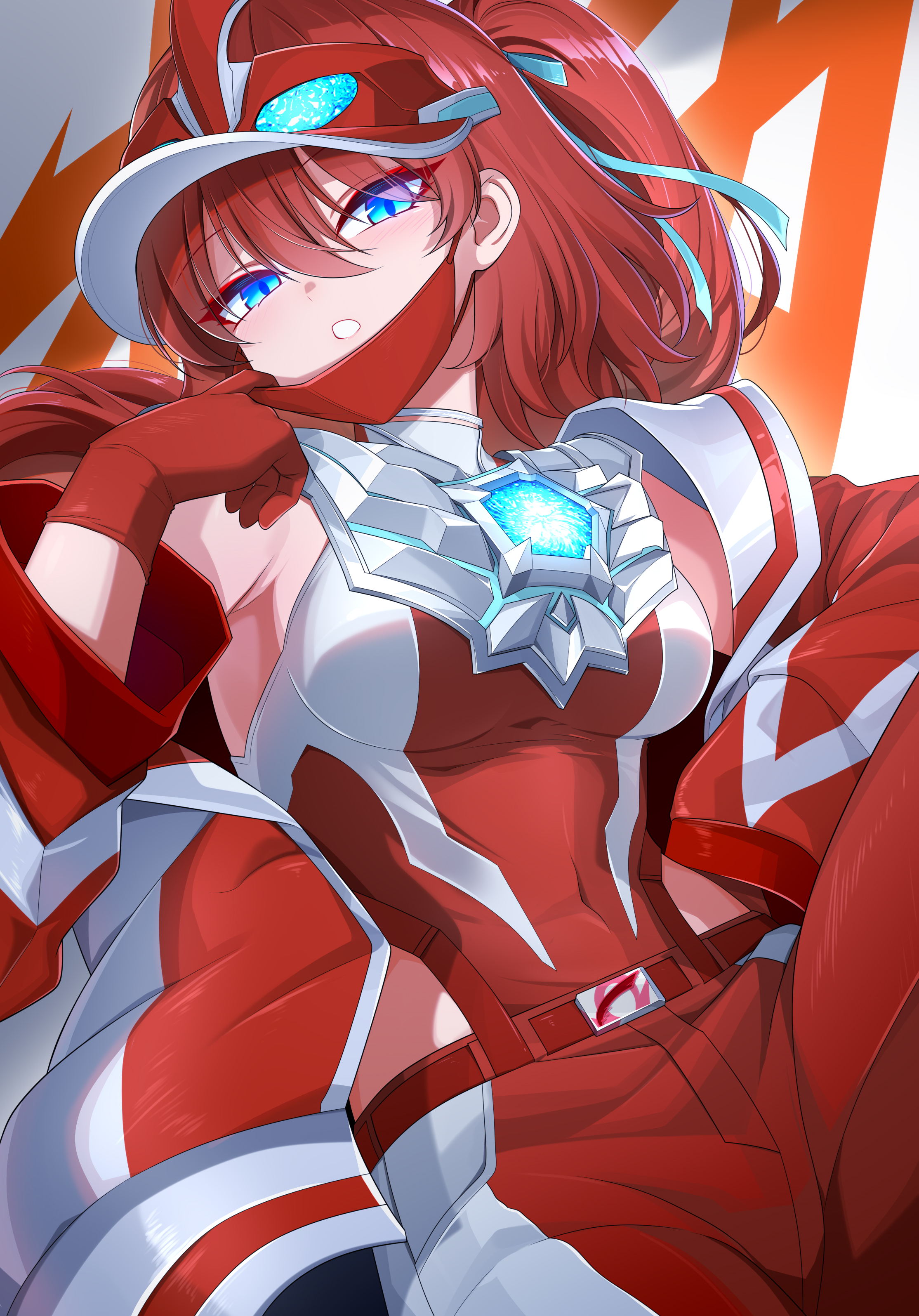 ginga no kou, ultraman omega, ultra series, ultraman omega (series), absurdres, commentary, highres, 1girl, :o, armor, armpits, bare shoulders, belt, belt buckle, blue eyes, blue ribbon, blush, breastplate, breasts, buckle, color timer, covered navel, cowboy shot, eyelashes, eyeshadow, genderswap, genderswap (mtf), gloves, hair between eyes, hair ornament, hair ribbon, hand on own hip, hand up, hat, humanization, jacket, large breasts, leg up, leotard, leotard under clothes, long hair, long sleeves, looking at viewer, makeup, mask, mask pull, mouth mask, multicolored jacket, multicolored leotard, off shoulder, omega symbol, pants, parted lips, ponytail, red belt, red eyeshadow, red gloves, red hair, red hat, red jacket, red leotard, red mask, red pants, ribbon, silver leotard, silver trim, solo, tokusatsu, two-tone jacket, two-tone leotard, two-tone pants, visor cap, white background