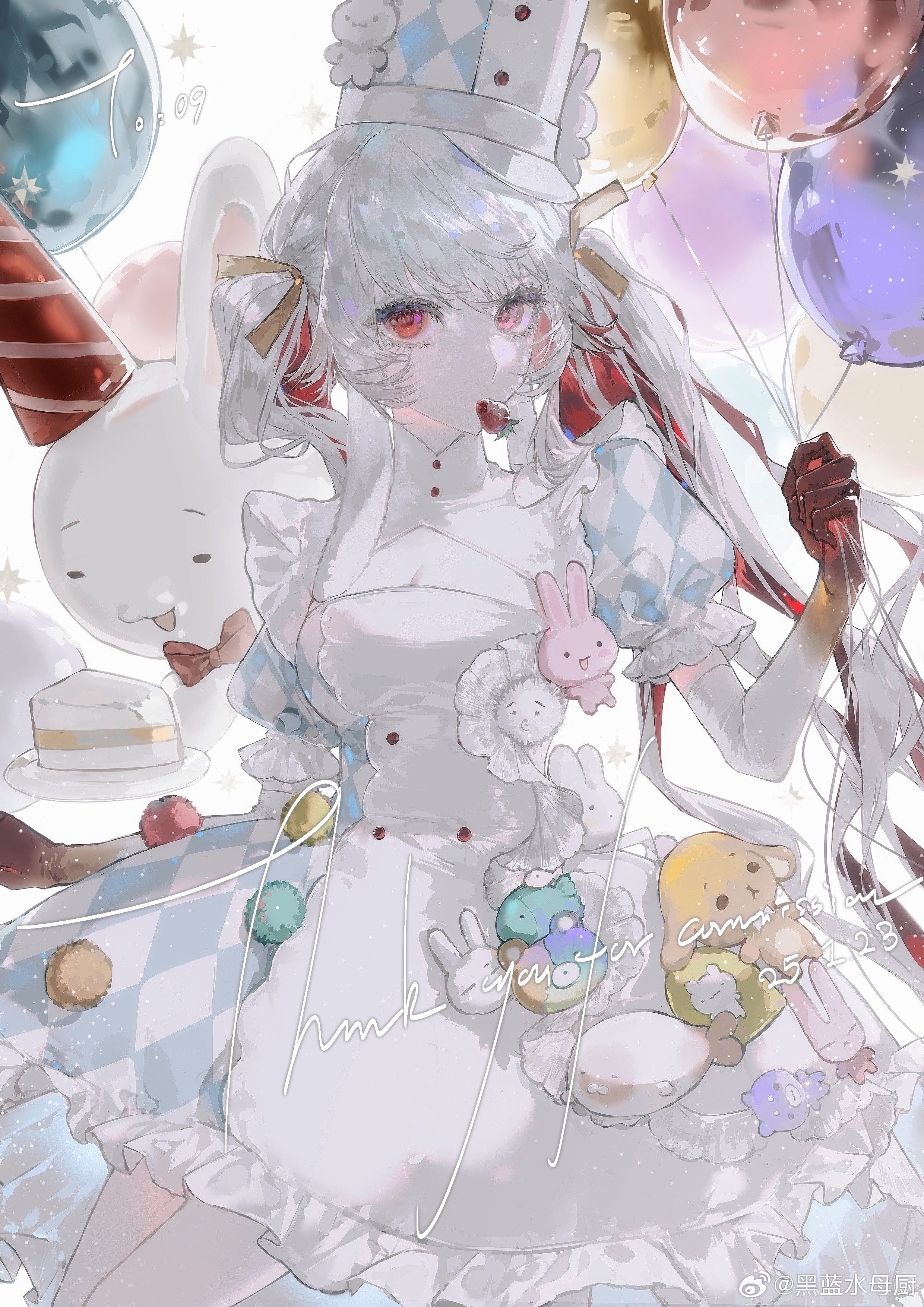 original, absurdres, highres, 1girl, apron, balloon, bow, cake, cake slice, dress, elbow gloves, food, food in mouth, frilled dress, frills, fruit, gloves, hair between eyes, hair bow, hair ornament, hair ribbon, hat, heilanshuimuchu, holding, holding balloon, long hair, maid apron, mouth hold, multicolored hair, puffy short sleeves, puffy sleeves, rabbit, rabbit hair ornament, red hair, red ribbon, ribbon, short sleeves, solo, strawberry, stuffed animal, stuffed rabbit, stuffed toy, twintails, two-tone hair, very long hair, white apron, white dress, white gloves, white hair, witch hat