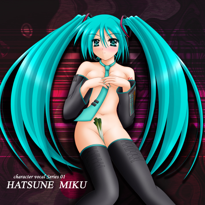 yamaguchi ugou, hatsune miku, vocaloid, blue eyes, blue hair, blush, breasts, covering breasts, covering privates, long hair, necktie, solo, spring onion, thighhighs, twintails, very long hair