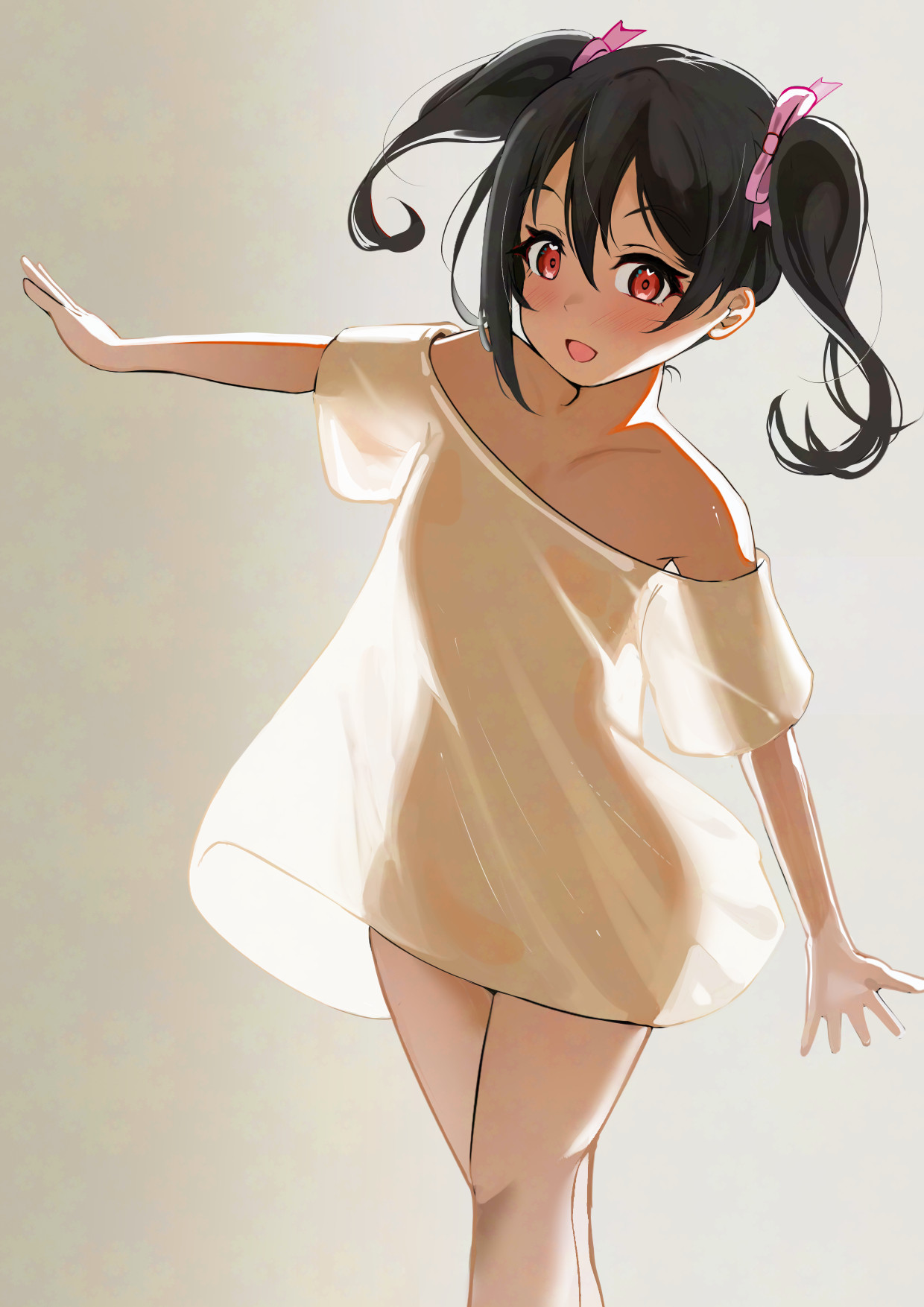 pisagi, yazawa nico, love live!, love live! school idol project, commentary, highres, :d, black hair, blush, bow, collarbone, hair between eyes, hair bow, looking at viewer, open mouth, pink bow, red eyes, see-through silhouette, shirt, short sleeves, sidelocks, simple background, smile, standing, twintails, white shirt