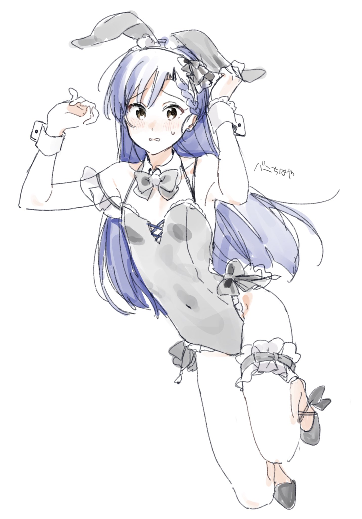 nozawa noko, kisaragi chihaya, idolmaster, idolmaster (classic), highres, 1girl, animal ear hairband, animal ears, arms up, black bow, black bowtie, black leotard, blue hair, blush, bow, bowtie, breasts, covered navel, detached collar, fake animal ears, floating, frilled thigh strap, full body, hairband, leotard, long hair, looking at viewer, rabbit ear hairband, rabbit ears, simple background, small breasts, solo, sweatdrop, thigh strap, white background, white wrist cuffs, wrist cuffs