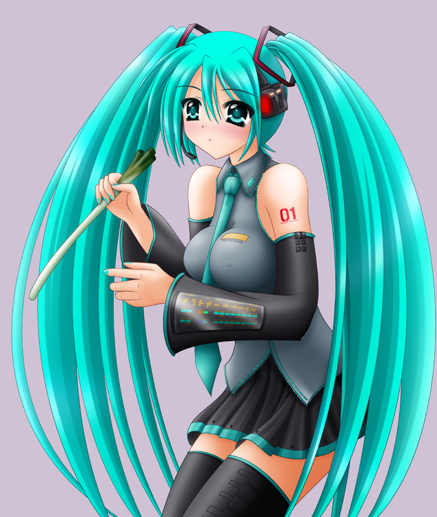 yamaguchi ugou, hatsune miku, vocaloid, 1girl, detached sleeves, female focus, green hair, long hair, necktie, skirt, solo, spring onion, thighhighs, twintails, very long hair