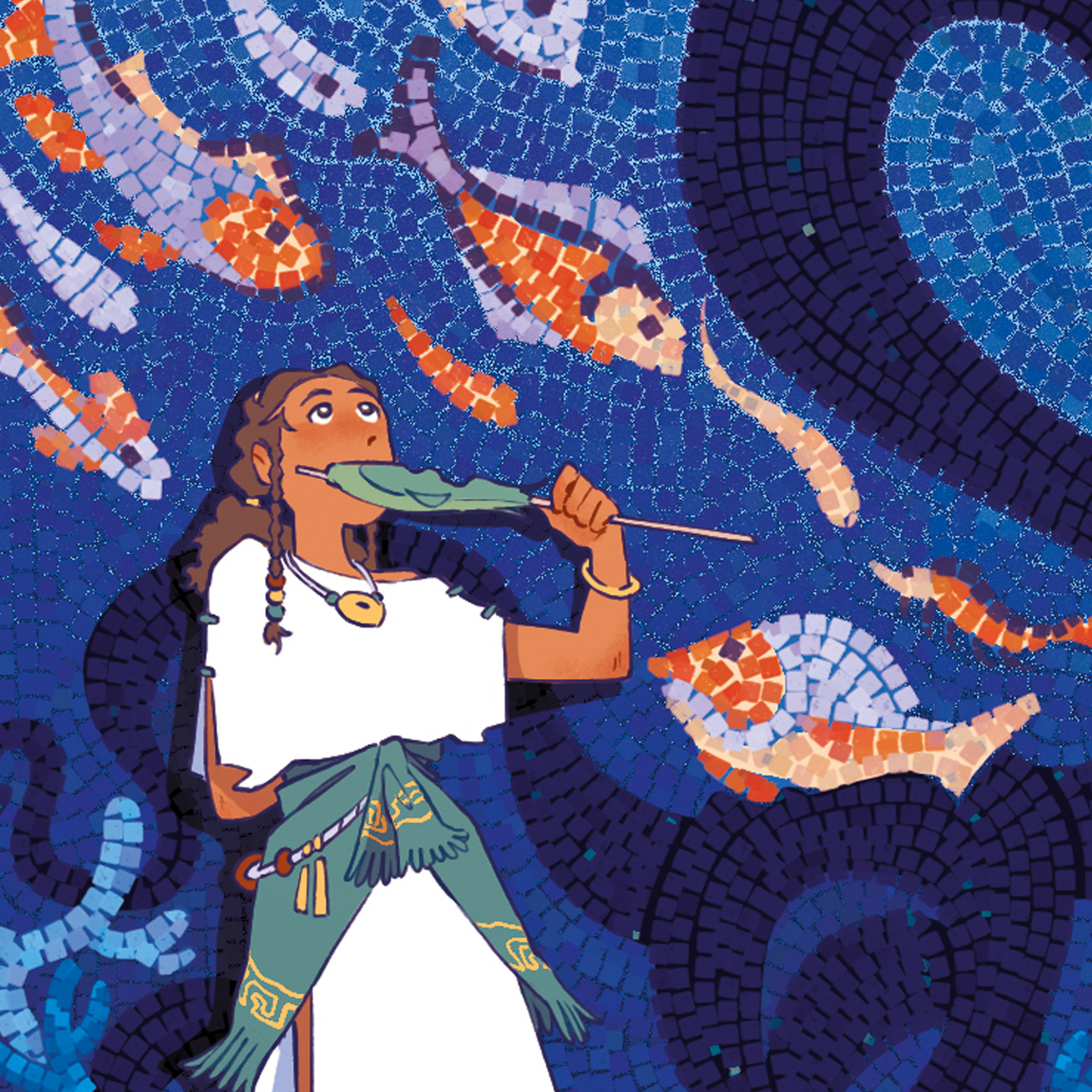 original, commentary, highres, 1girl, bead belt, beads, blue eyes, bracelet, brown hair, close-up, curly hair, dark skin, dress, eating, fish, hair beads, hair ornament, jewelry, looking up, mosaic, necklace, ortiies, ruins, sarong, squid, tunic, white dress