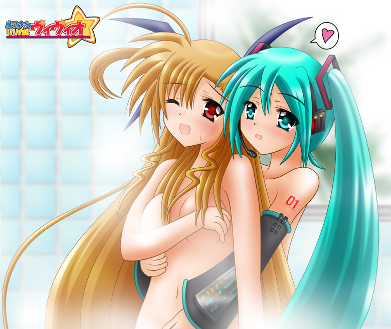 yamaguchi ugou, hatsune miku, vivio, lyrical nanoha, mahou shoujo lyrical nanoha, mahou shoujo lyrical nanoha strikers, mahou shoujo lyrical nanoha vivid, vocaloid, 00s, 10s, 2girls, aged up, crossover, fingering, multiple girls, nude, one eye closed, reach-around, yuri