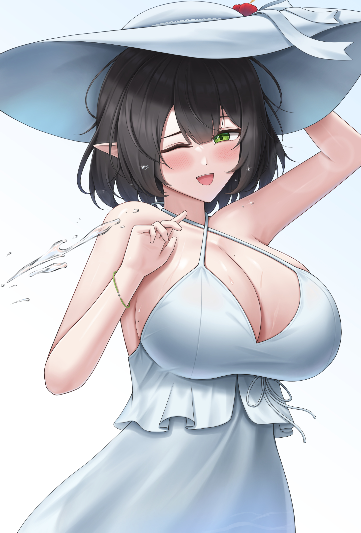 lazb., trickcal, commentary request, highres, 1girl, :d, ;d, arm up, bare arms, black hair, blush, bracelet, breasts, cleavage, dress, elf, green eyes, grey background, hat, jewelry, large breasts, looking at viewer, male focus, medium hair, one eye closed, open mouth, pointy ears, simple background, smile, solo, sun hat, sundress, water drop, white dress